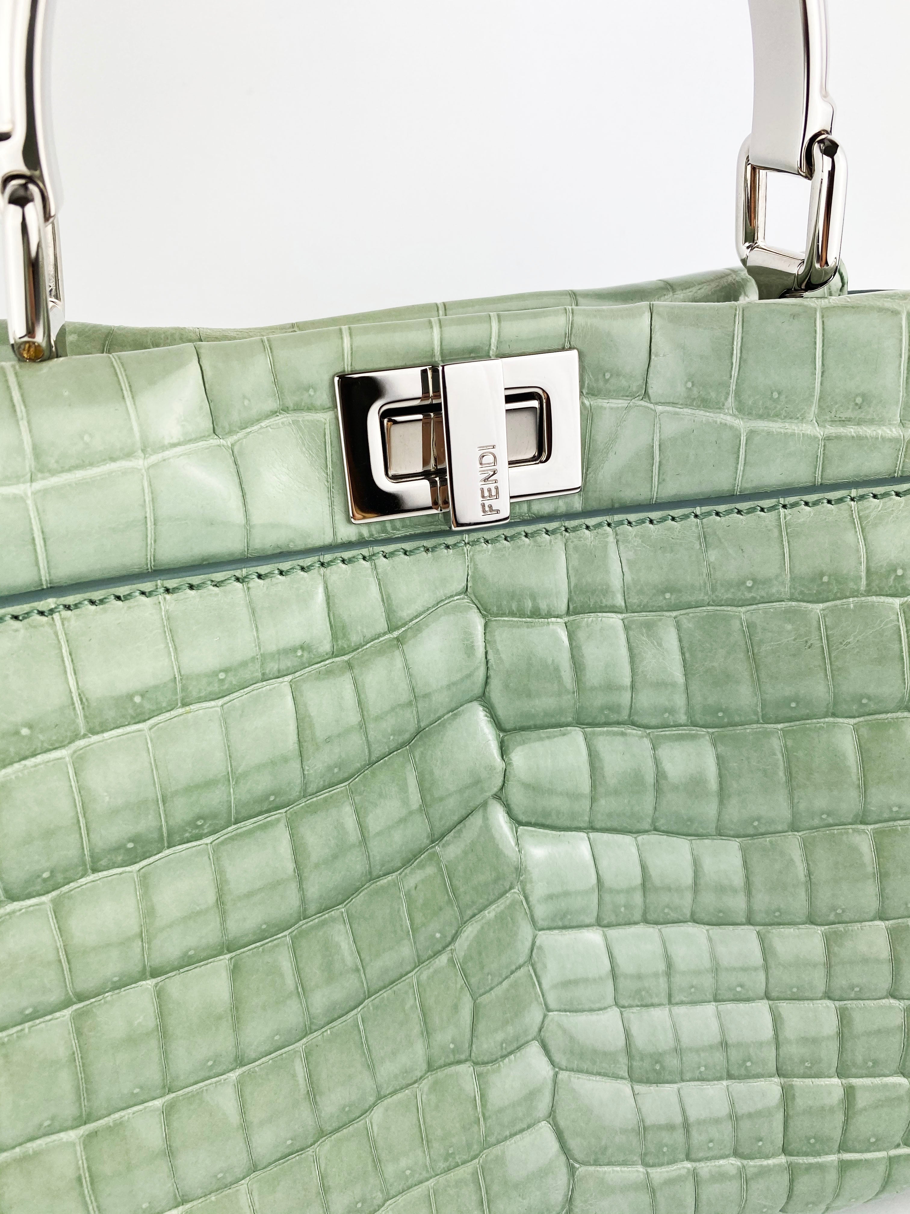 Fendi Peekaboo Mini Handbag in Mint Green Genuine Crocodile Leather - Luxury Crossbody Purse for Women, Perfect for Date Night & Special Occasions