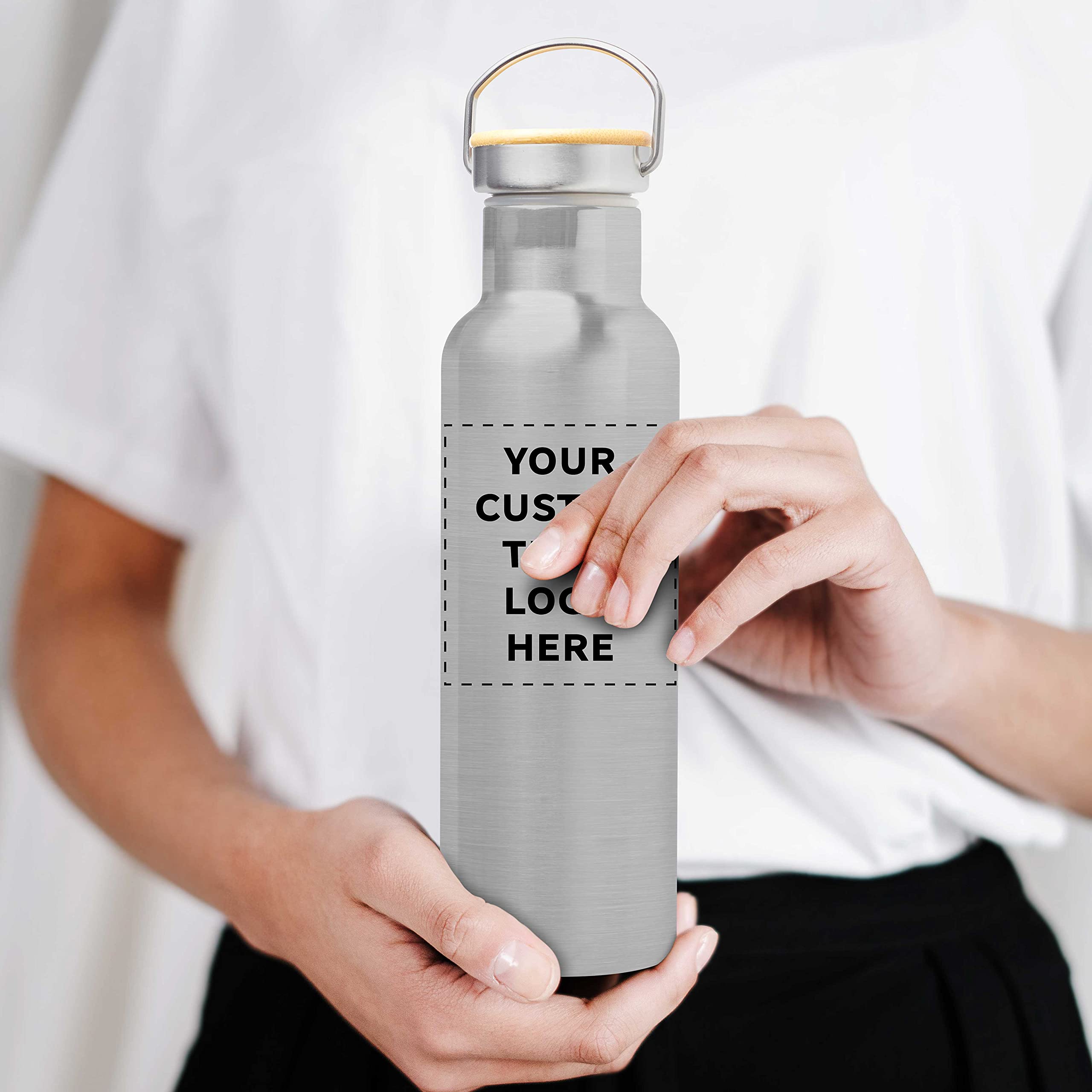 12 Pack Stainless Steel Water Bottles with Wooden Lid - 20 oz, BPA Free, Double Wall Insulated, Spill Proof - Custom Text & Logo - Perfect for Gym, Office, Hiking & Outdoor Activities