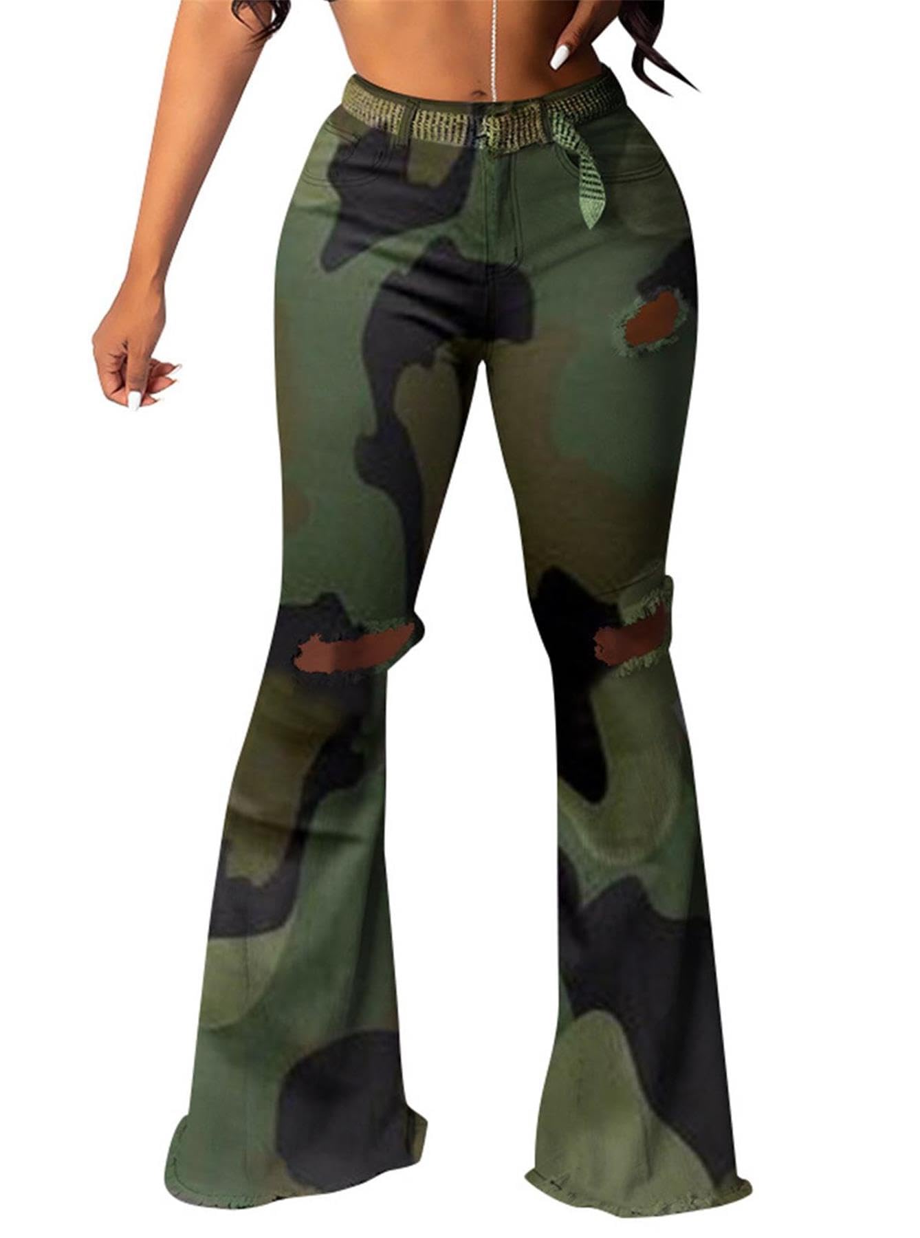 Lucuna Women's High Waisted Flare Camo Jeans - Y2K Vintage Army Fatigue Ripped Bell Bottom Denim Pants for Casual Wear & Street Fashion