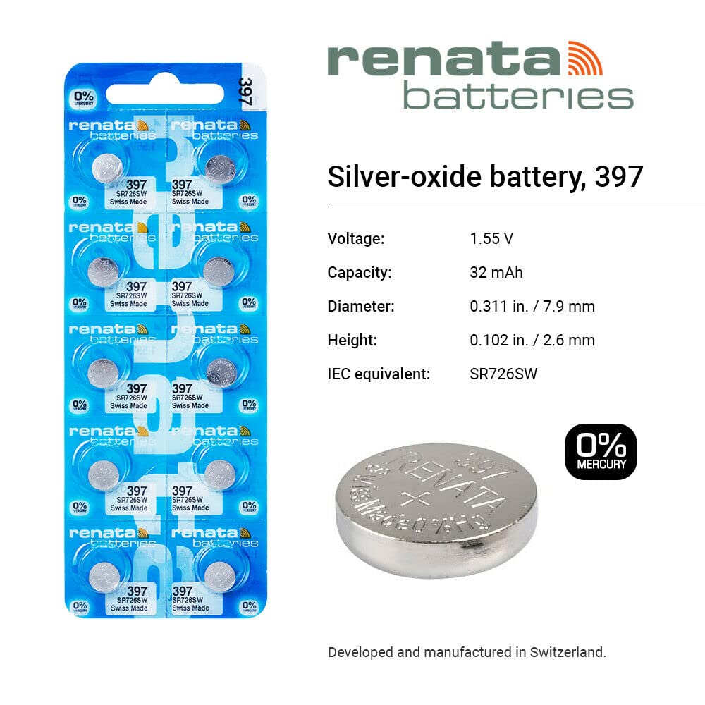 Renata 397 SR726SW Silver Oxide Watch Batteries 1.55V - 10 Pack for Watches, Calculators & Small Electronics | Long-Lasting Power Supply