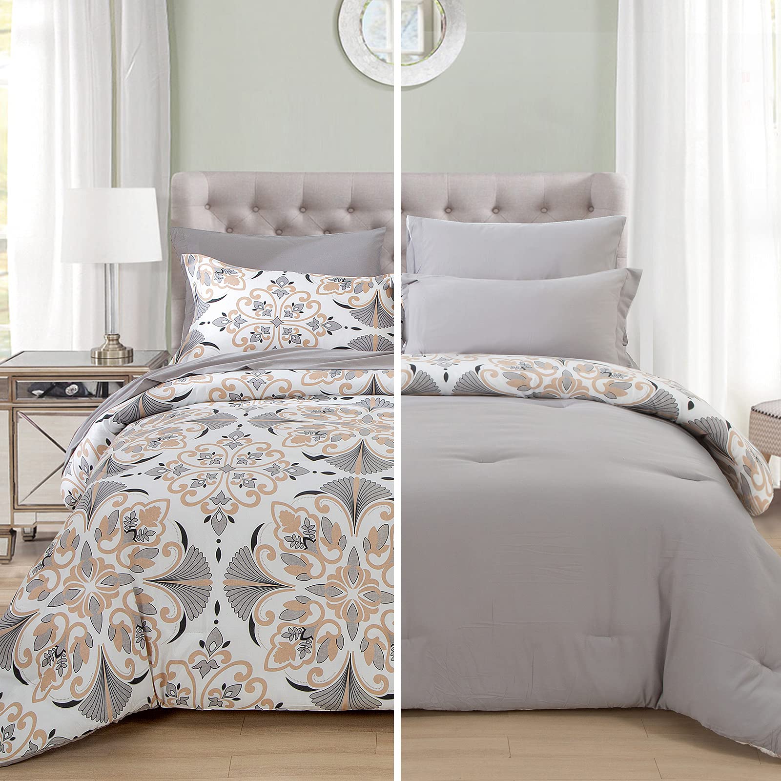 EMME Twin Comforter Set 5-Piece - Grey White Floral Botanical Bedding with Geometric Pattern, Soft Plant Printed Duvet Cover & Sheets, All-Season Fluffy Bedding Set (68