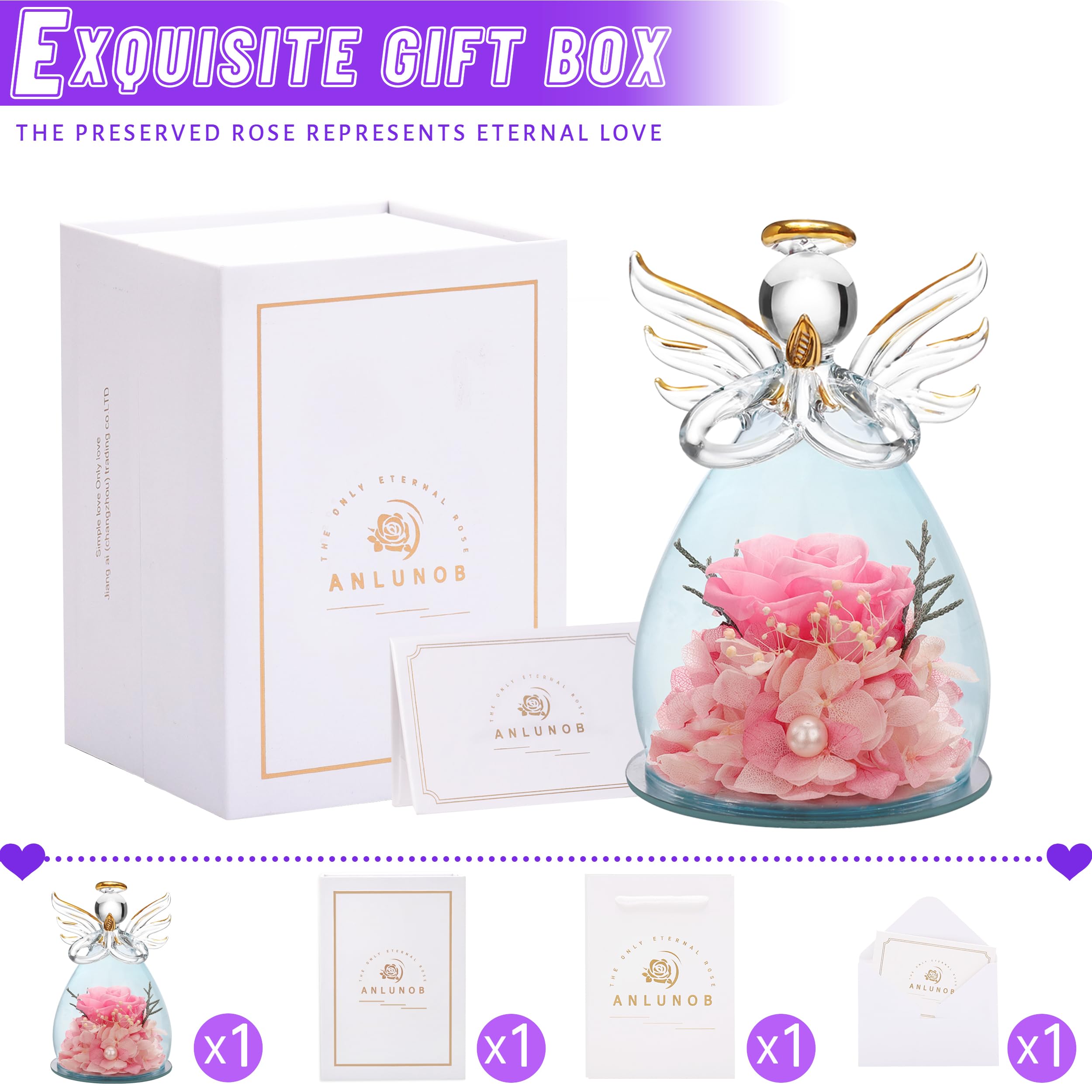 ANLUNOB Preserved Rose in Glass Dome with Angel Figurine - Romantic Birthday Gift for Women, Wife & Girlfriend | Eternal Pink Rose Flower Keepsake for Home Decor, Wedding Anniversary & Valentine's Day Present