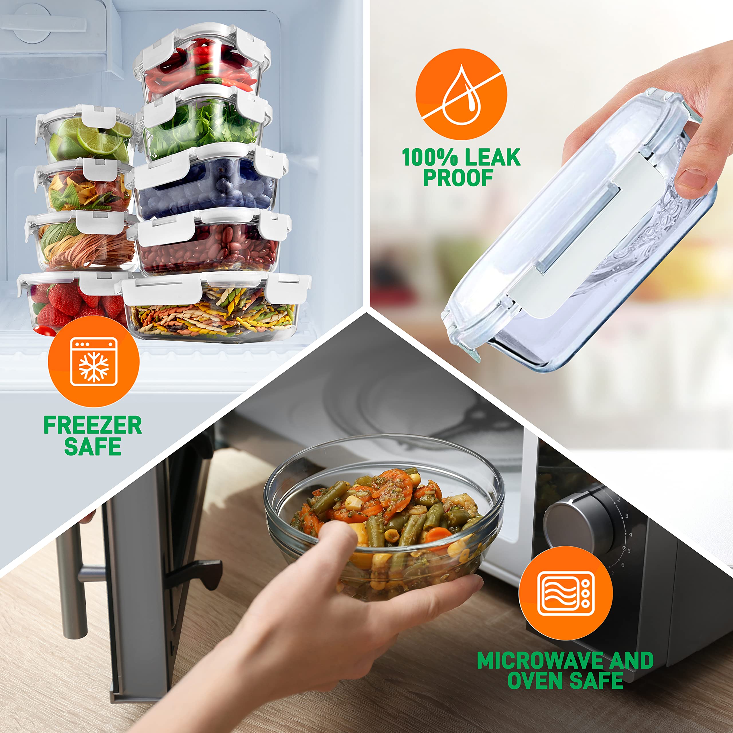 NutriChef 12-Piece Glass Food Storage Containers Set with Airtight Lids - Stackable Meal Prep Containers for Leftovers, Snacks, Fruits & Vegetables - Microwave, Freezer & Dishwasher Safe - Perfect for Meal Prepping, Office Lunches & Pantry Organization (White)