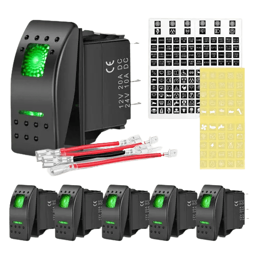 6Pcs 5Pin SPST On/Off Rocker Switch with Green LED - Perfect for Car, Boat, Marine, and DIY Electrical Projects