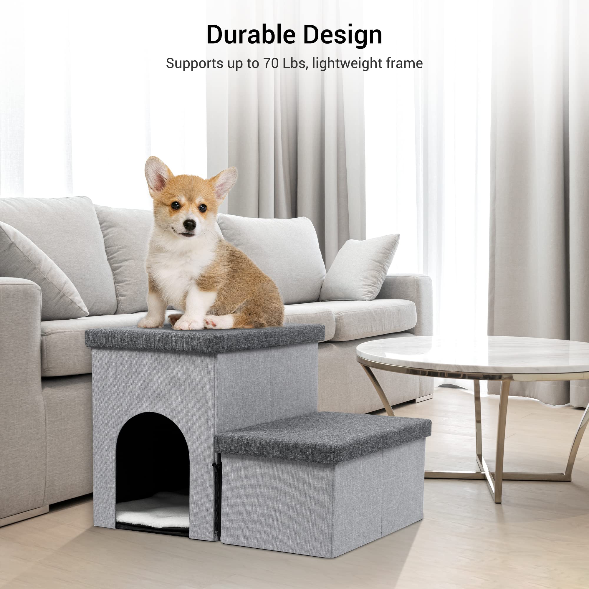Foldable Dog Stairs for Small to Large Dogs & Cats - 2-Step Pet Steps with Storage & Pet House, Non-Slip Ramp for Couch & High Bed - Supports Up to 150 lbs - Perfect for Elderly Pets, Bed Access & Small Space Living
