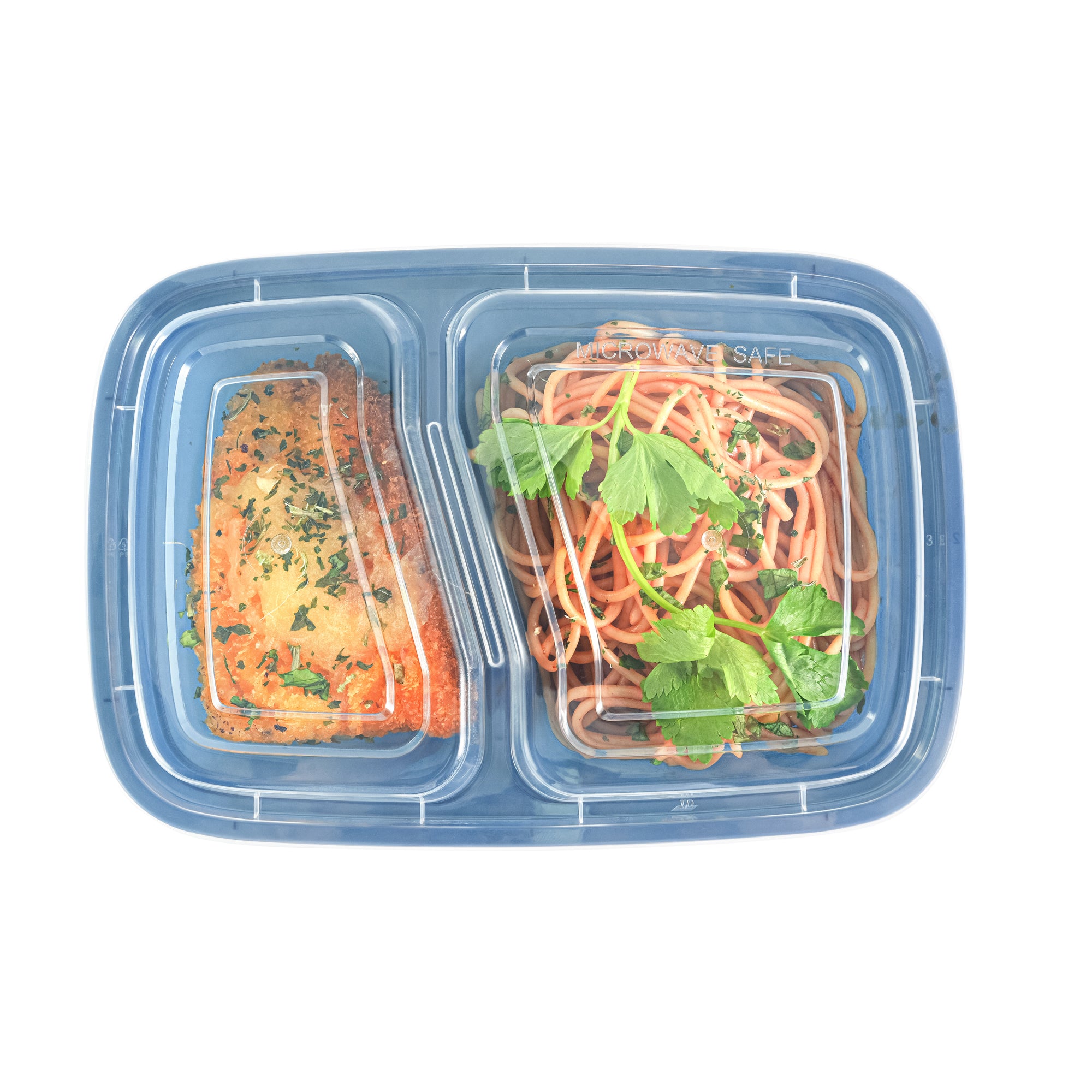 32 oz Midnight Blue Plastic 2-Compartment Food Storage Containers with Clear Lids - Microwave Safe, 8.75