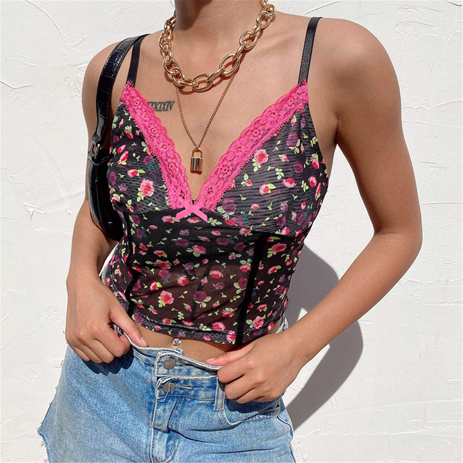 Y2K Women's Sexy Mesh Camisole - V-Neck Lace Trim Sleeveless Backless Sling Top for Summer | Perfect for Beach, Party & Night Out