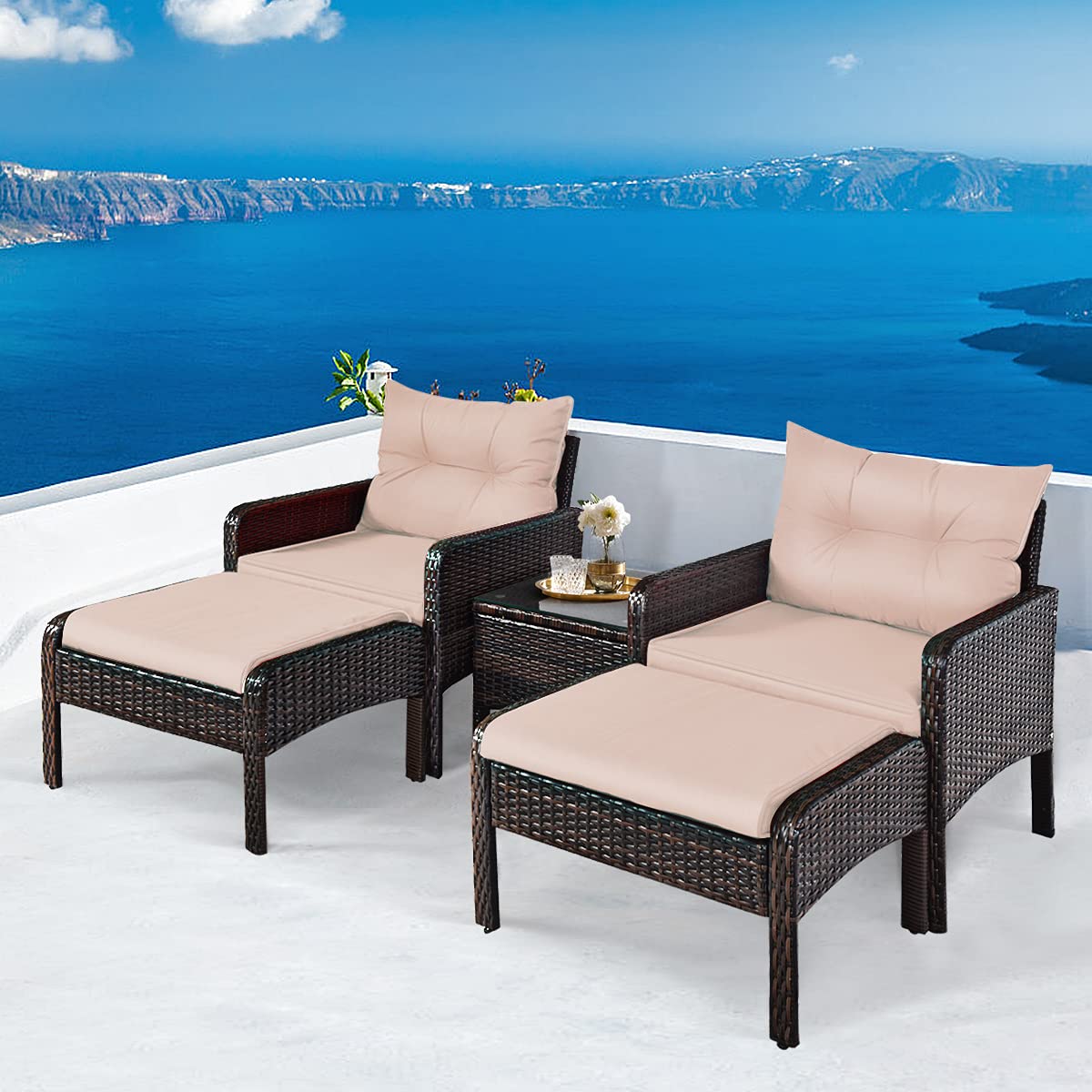 HappyGrill 5-Piece Outdoor Patio Furniture Set - All-Weather Rattan Wicker Conversation Set with Coffee Table, Cushioned Sofas & Ottoman - Perfect for Garden, Backyard, Poolside & Patio Relaxation