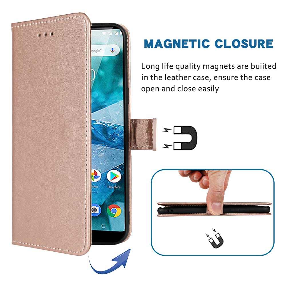 Premium Leather Wallet Case for Nokia 7.1 (TA-1085) - Flip Cover with Card Holder, Wrist Strap & Stand | Rose Gold Folio Phone Case for Women & Men | Perfect for Work, Travel & Daily Protection