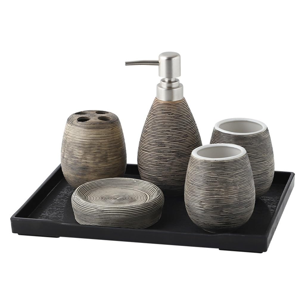 Vintage 5-Piece Handmade Brushed Ceramic Bathroom Set - Soap Dish, Toothbrush Holder, Cup & More for Wedding Decor & Home Decor | Perfect for Farmhouse, Rustic & Boho Style Bathrooms