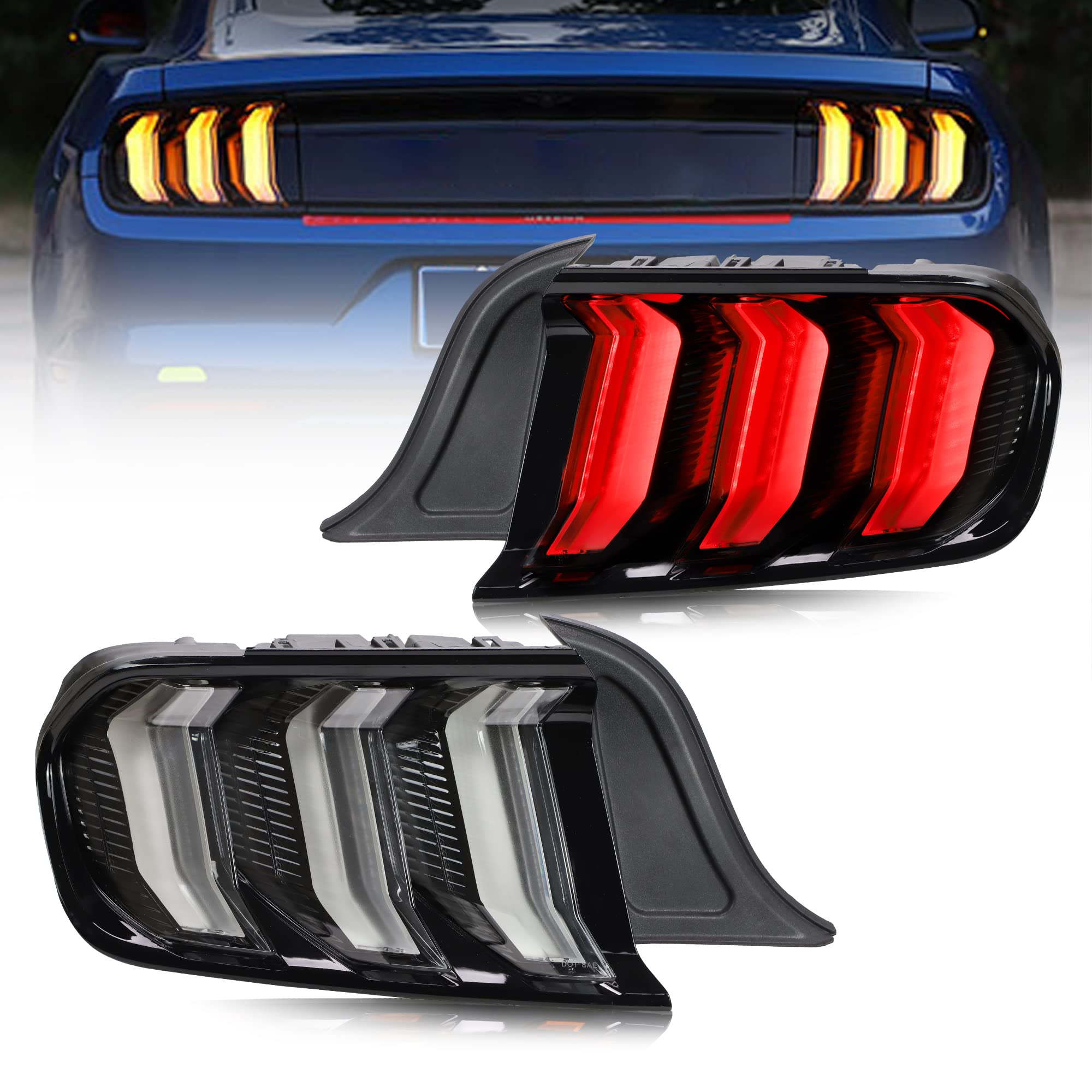 VLAND LED Tail Lights for Ford Mustang 2015-2020 - Sequential Amber/Red Turn Signals, 5 Lighting Modes, Clear Lens (Pair for Driver & Passenger Sides) - Upgrade Your Mustang's Style & Safety for Night Driving & Car Shows