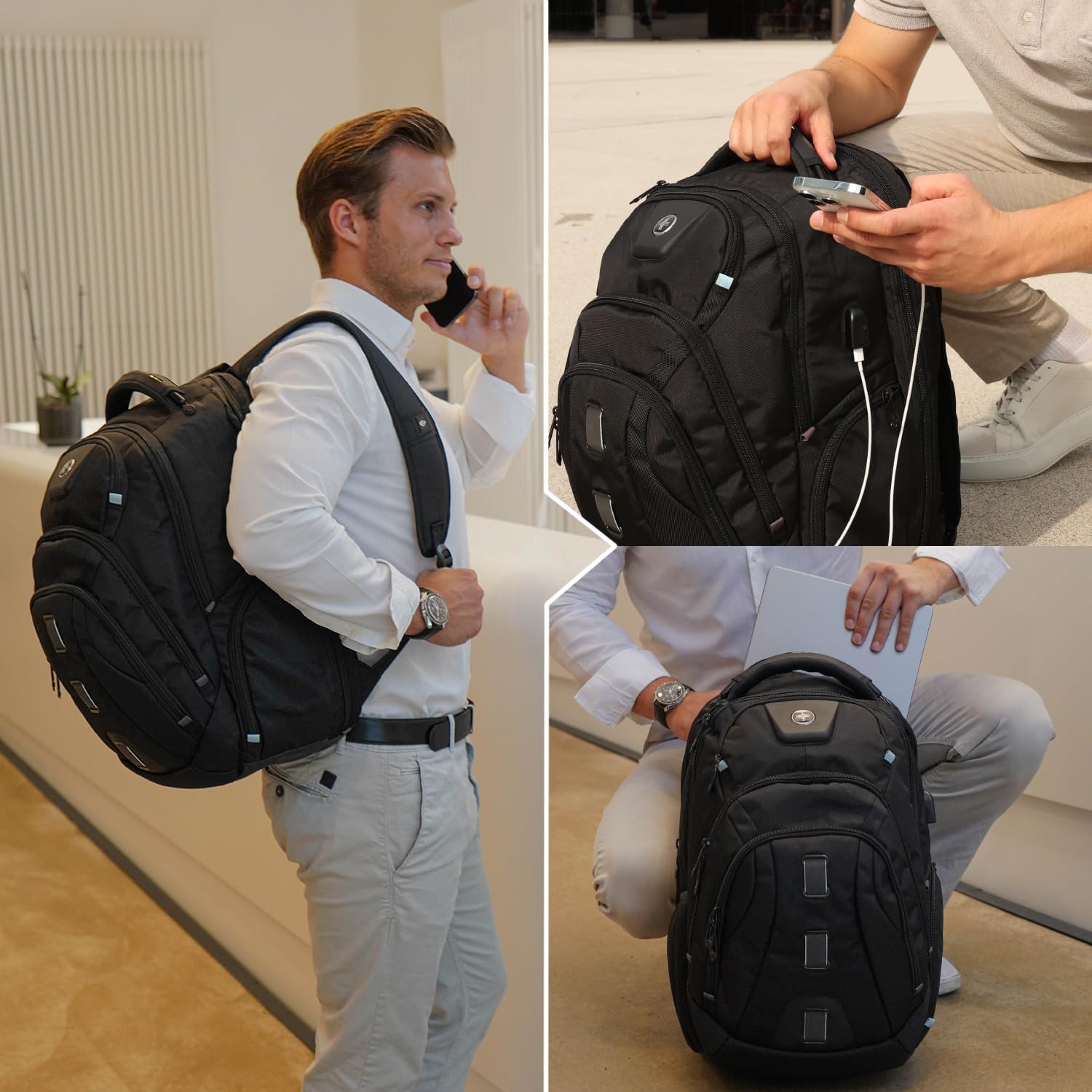 Swissdigital Men's Travel Laptop Backpack - Large Capacity TSA Approved USB Charging RFID Protection Business Backpack for College & Work - Fits 17 Inch Laptops (Black) | PIXEL PRO - Perfect for Business Trips, Commuting & Daily Office Use