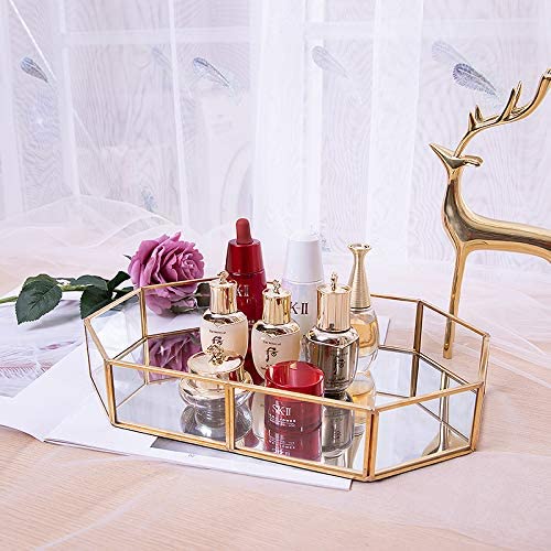 Decorative Gold Leaf Metal Mirror Vanity Tray - 12.4x8.5x2 Inch Jewelry Organizer & Dresser Catchall - Elegant Polygon Design for Jewelry Display, Makeup Storage & Home Decor - Perfect for Bedroom, Bathroom & Entryway Organization