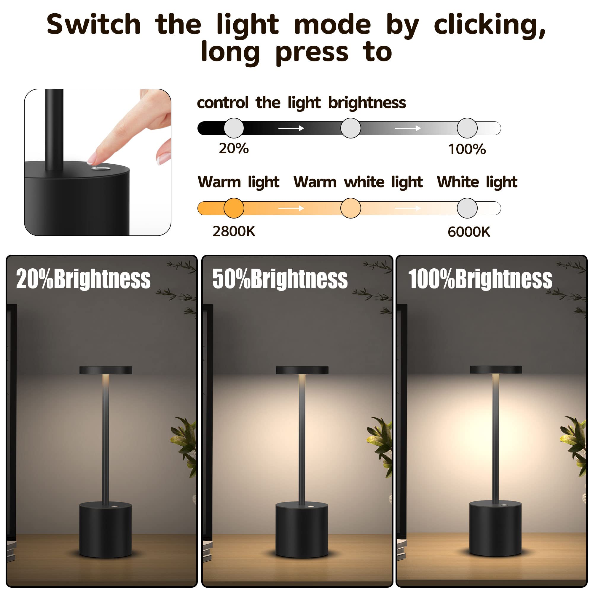 2 Pack Rechargeable LED Table Lamp - 5000mAh Battery, USB Powered, 3 Brightness Levels, Metal Portable Desk Light for Home, Office, Restaurant & Outdoor Use (10.25 Inch, Black) - Perfect for Bedside Reading, Camping & Emergency Lighting