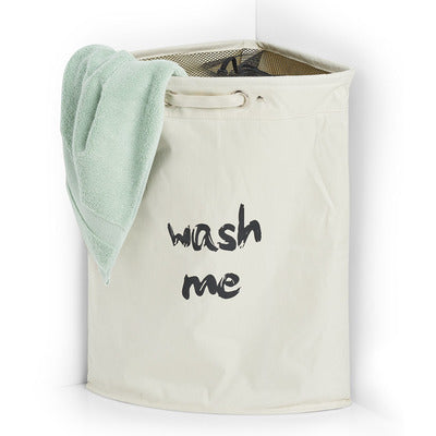 Corner Laundry Hamper with Wash Me Sign - Foldable Polyester Fabric Clothes Basket for Bedroom, Bathroom & Laundry Room Organization - Beige Storage Bin for Dirty Clothes
