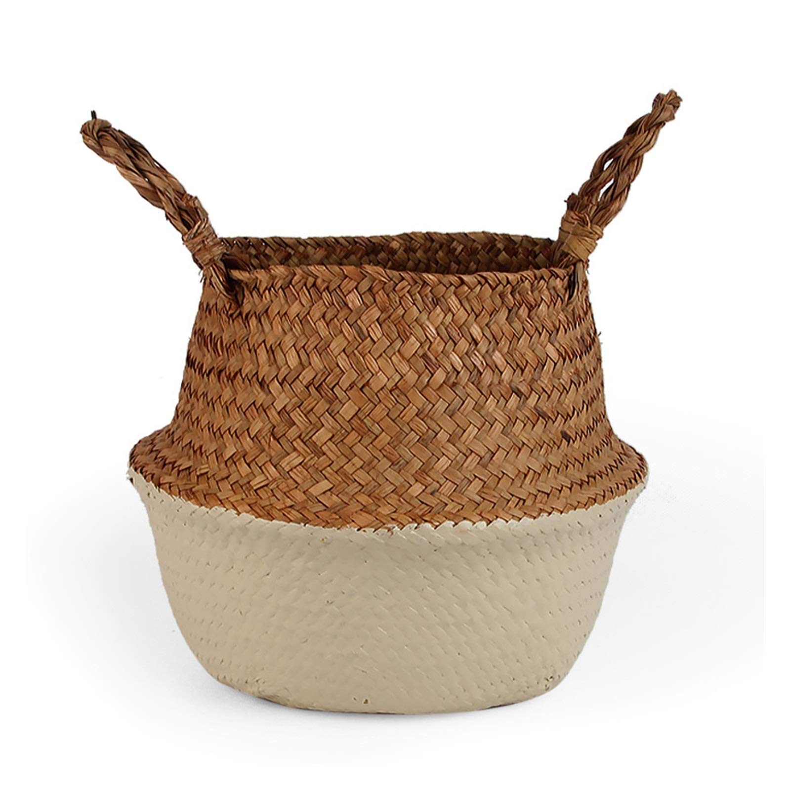 Eco-Friendly Rattan Straw Basket - Foldable Wicker Seagrass Flower Pot Storage Organizer (20cm x 22cm, Sand Color) | Perfect for Home Decor, Plant Organization & Bathroom Storage