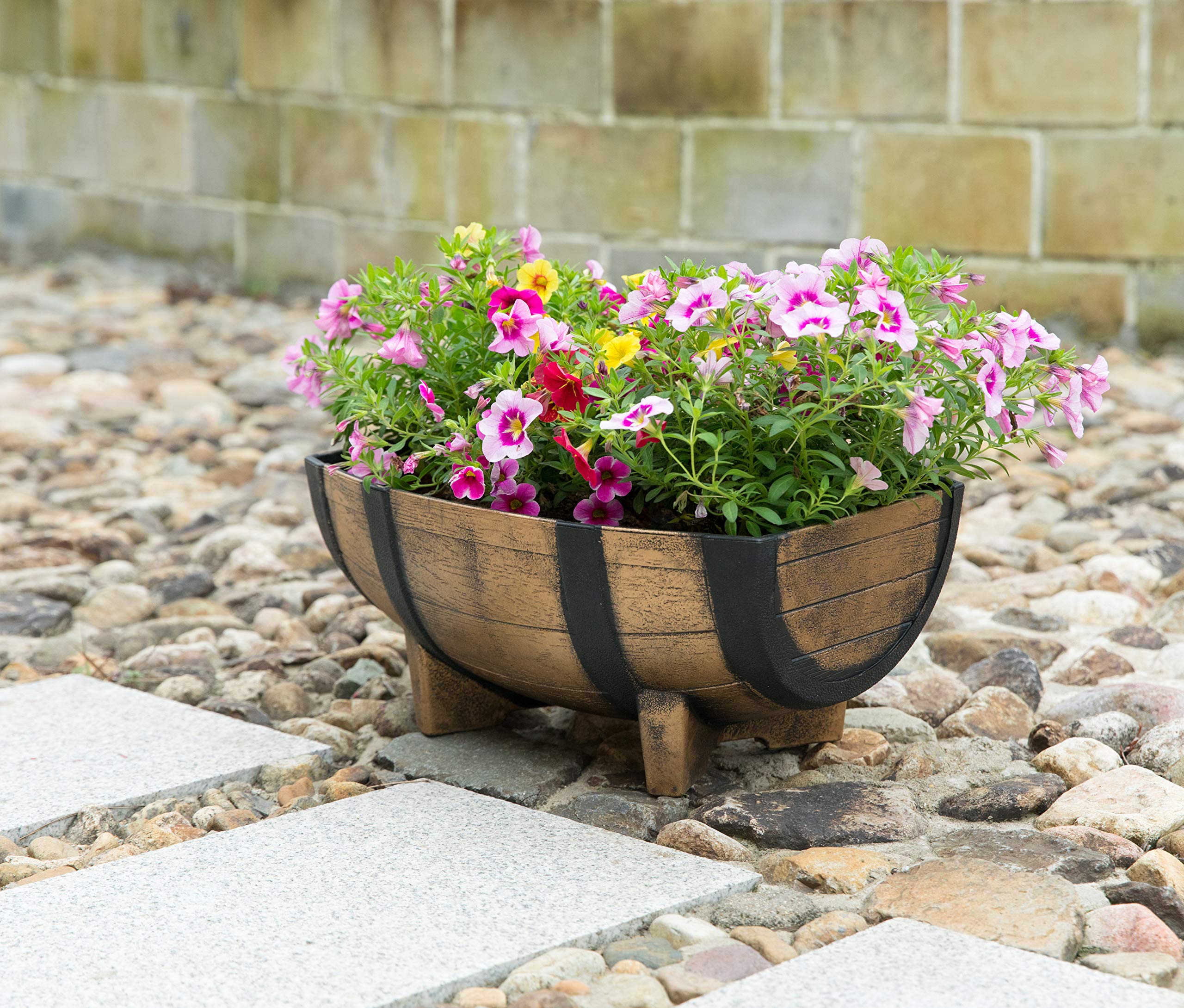 Set of 2 Rustic Wood-Look Plastic Half Barrel Planters - Outdoor Garden Flower Pots for Patio, Deck, and Backyard Decor