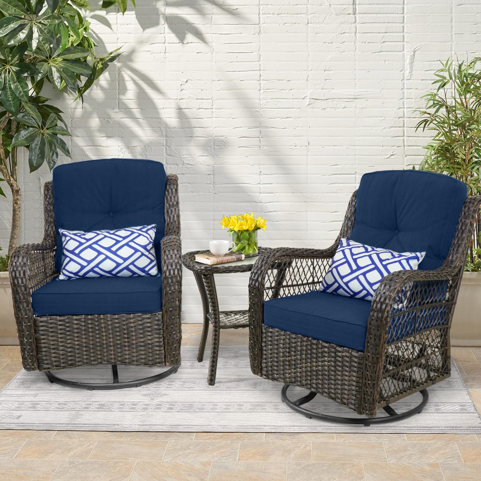 3-Piece Outdoor Swivel Rocking Patio Furniture Set - Blue PE Wicker Rattan Chairs with Glass Table & 2 Cushions - Perfect for Garden, Poolside & Backyard Relaxation