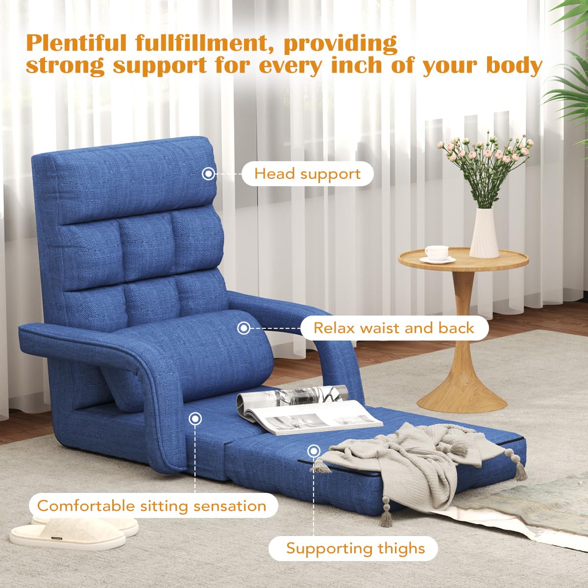 6-Position Adjustable Floor Gaming Chair with Pillow & Armrests - Foldable Padded Chaise Lounge for Teens, Adults & Pets - Perfect for Meditation, Relaxing & Gaming - Blue