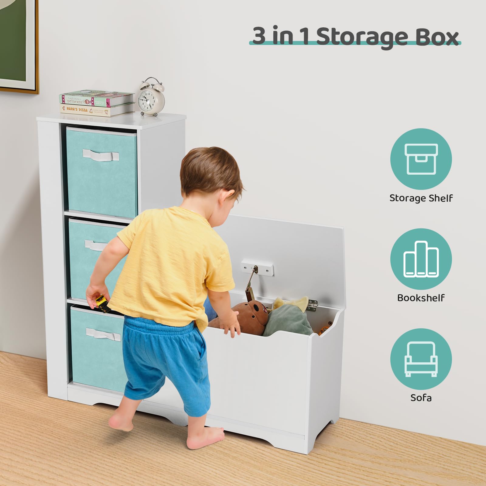 Cowiewie Kids Bookshelf with Reading Nook - Montessori Wooden Toy Storage Organizer Bench with Safety Hinged Seat for Bedroom & Playroom - Perfect for Storytime, Toy Organization & Cozy Reading Corners (Blue)