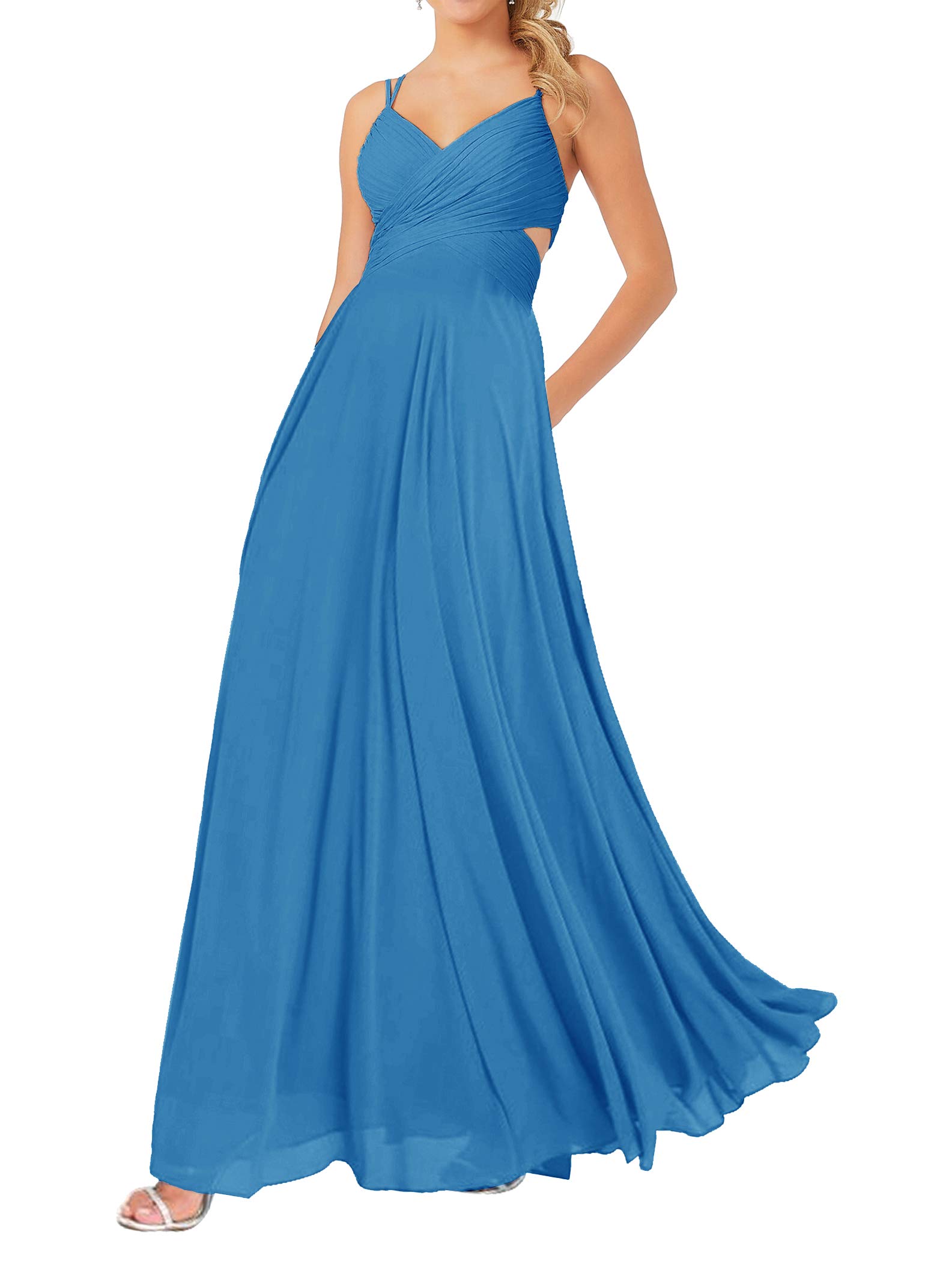 JAEDEN Elegant Long Chiffon Bridesmaid Dress with V-Neck & Spaghetti Straps - Perfect for Weddings, Proms & Formal Events