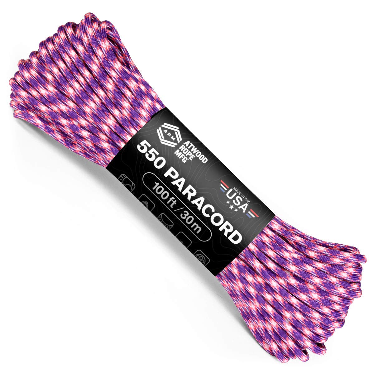 Atwood 550 Paracord 100ft - 7-Strand Nylon Survival Rope for Camping & Crafts (Purple)