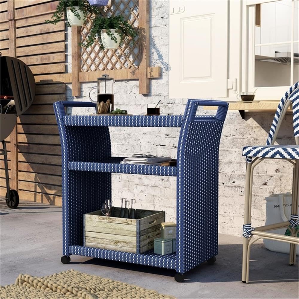 Furniture of America Azur Outdoor Aluminum Wicker Bar Cart in Navy - Portable Serving Cart for Patio, Garden, Poolside & Outdoor Entertaining