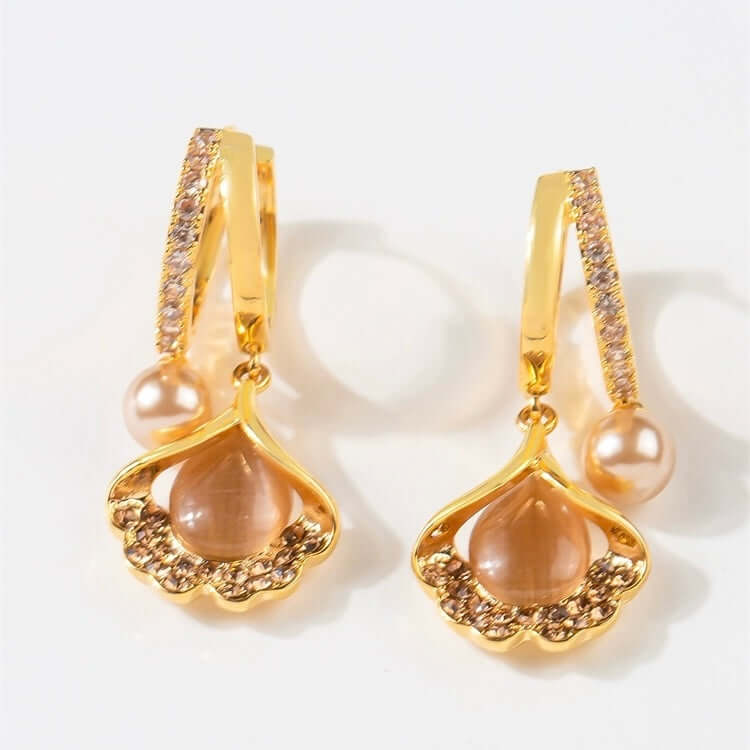 14K Gold Plated Ginkgo Leaf Huggie Earrings with Dangle Pearl Drop | Elegant Pearl Earrings for Women | Perfect for Weddings, Parties & Everyday Wear | A8078