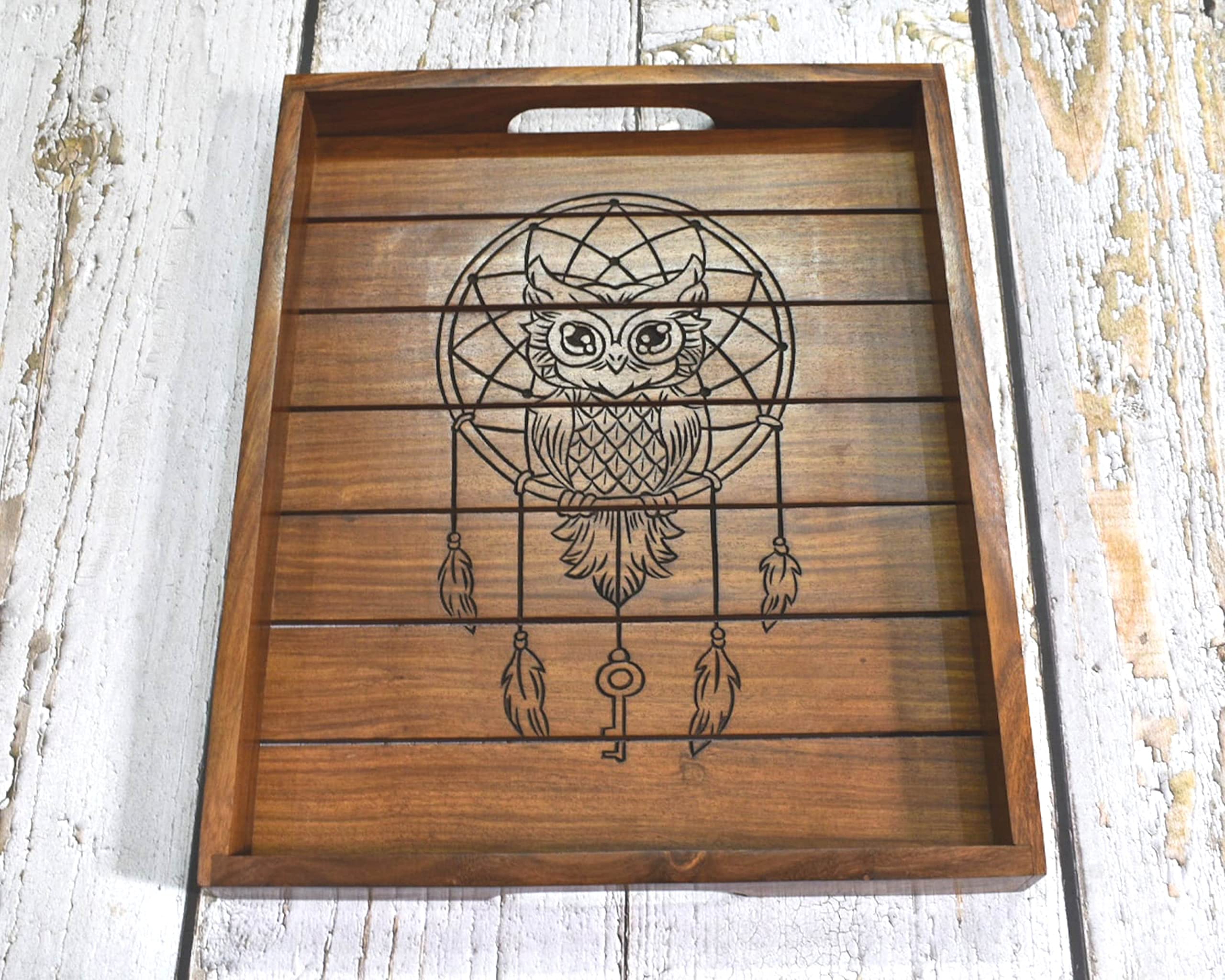 Hand Carved Indian Rosewood Rectangular Serving Tray with Owl Design - 15x12.5 Inch Handmade Decorative Wooden Tray with Handle - Perfect for Tea Service, Breakfast in Bed, and Home Decor Gifts