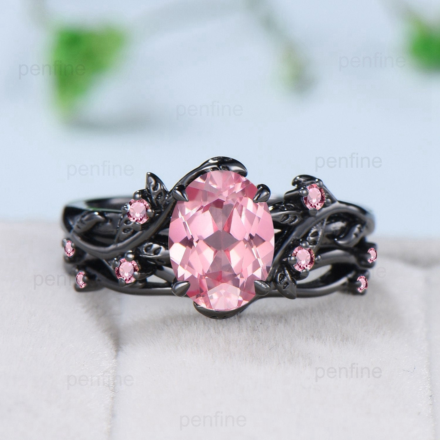 Nature Inspired Leaf Padparadscha Sapphire Ring Set - Black Gold Branch Twig with Pink Tourmaline - Unique Women's Engagement & Wedding Ring Set - Perfect for Nature Lovers, Romantic Proposals & Special Occasions