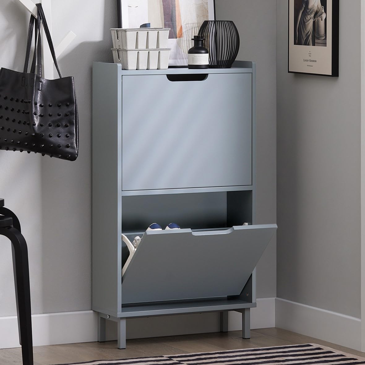 Haotian Narrow Shoe Cabinet for Entryway - Small Freestanding Shoe Rack with 2 Flip-Drawers, Hidden Shoe Storage Organizer, Grey (FSR151-HG) - Perfect for Apartments, Hallways & Small Spaces