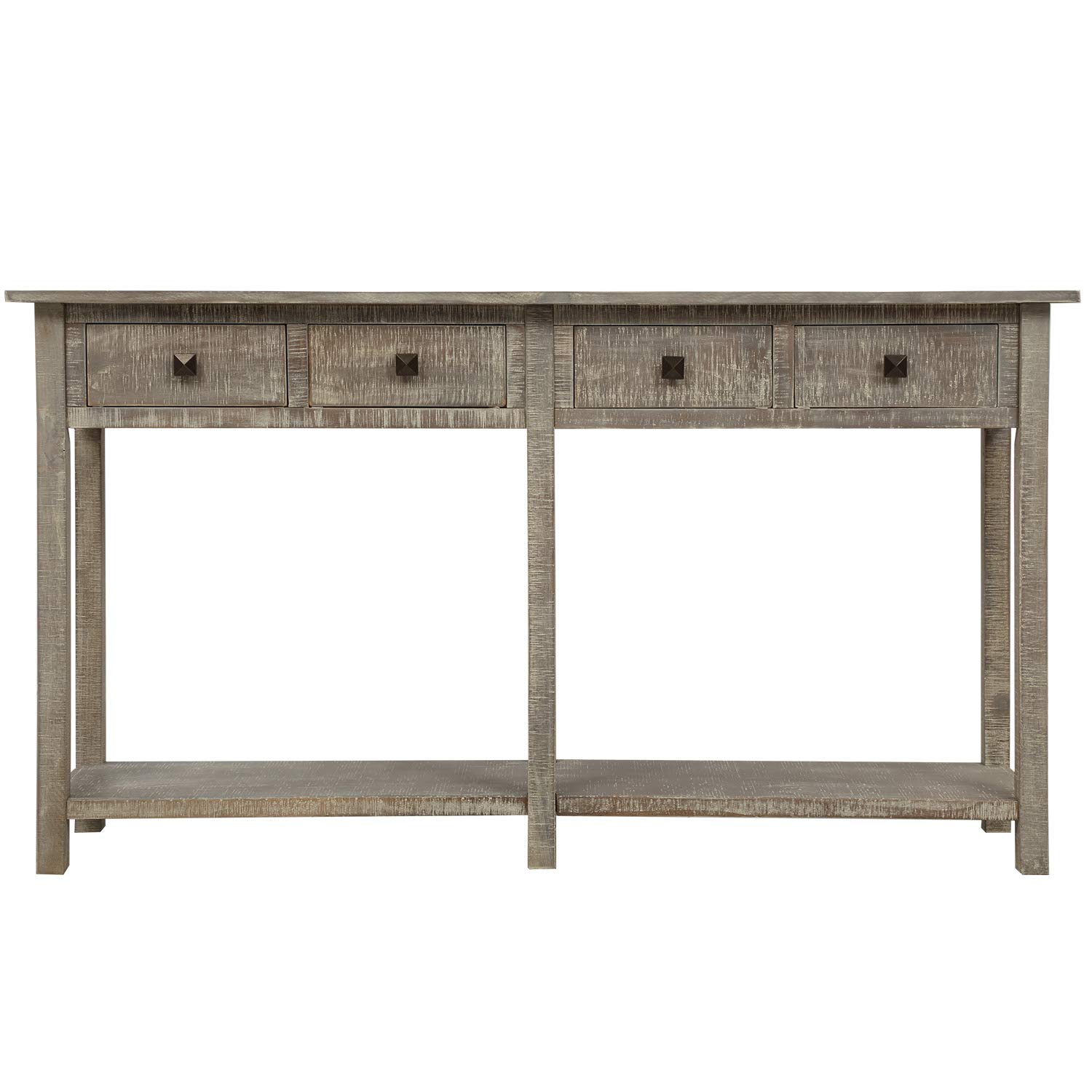 Rustic Entryway Console Table with Drawers & Bottom Shelf - Distressed Grey Wash Finish | Farmhouse Style Hallway Table for Living Room, Foyer & Entryway Decor