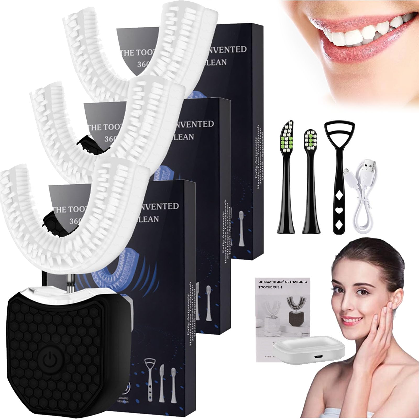 Orbicare 360° Ultrasonic Toothbrush - 2-in-1 U-Shaped Electric Toothbrush with Soft Bristles for Deep Cleaning & Teeth Whitening - 3 Power Modes for Oral Health Care - Perfect for Travel, Home & Daily Dental Hygiene (3 Pack, Black, 4 Inch)