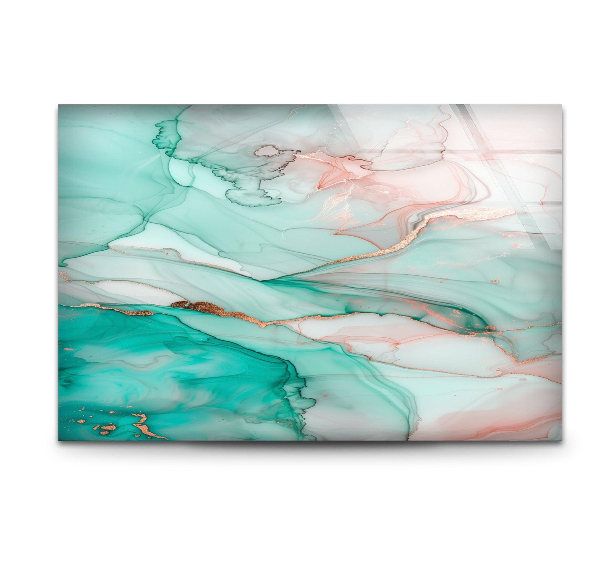 Abstract Blue Marble Ink Glass Wall Art - Modern Home Decor for Living Room, Bedroom & Office - Handmade Glass Painting for Unique Interior Design