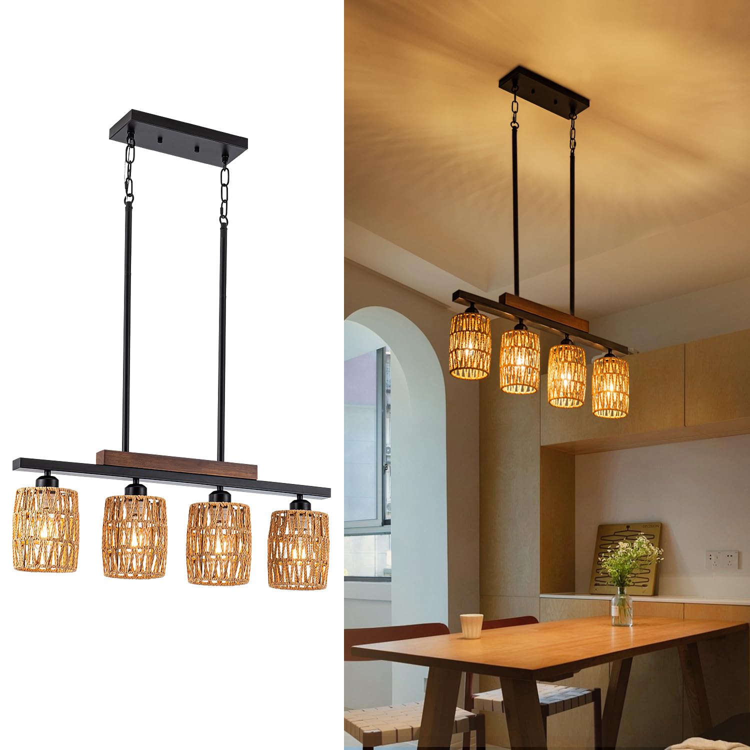 Rattan Farmhouse Chandelier - 4-Light Boho Dining Room Pendant Light with Adjustable Height, Rustic Wood & Matte Black Linear Chandelier for Kitchen Island, Dining Table | Perfect for Farmhouse Decor, Open Concept Kitchens & Cozy Breakfast Nooks