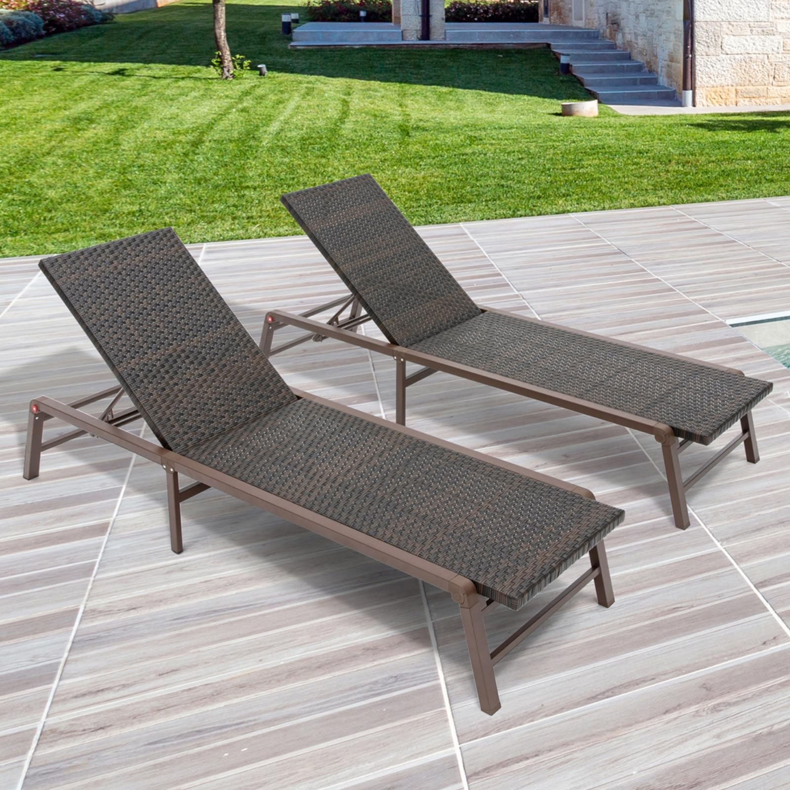 2-Piece Outdoor Chaise Lounge Set - No Assembly Aluminum Poolside Sunbathing Chairs, Patio Recliners with Flat Lay Design in Rattan Brown - Perfect for Backyard Relaxation, Beach Lounging & Resort-Style Sunbathing