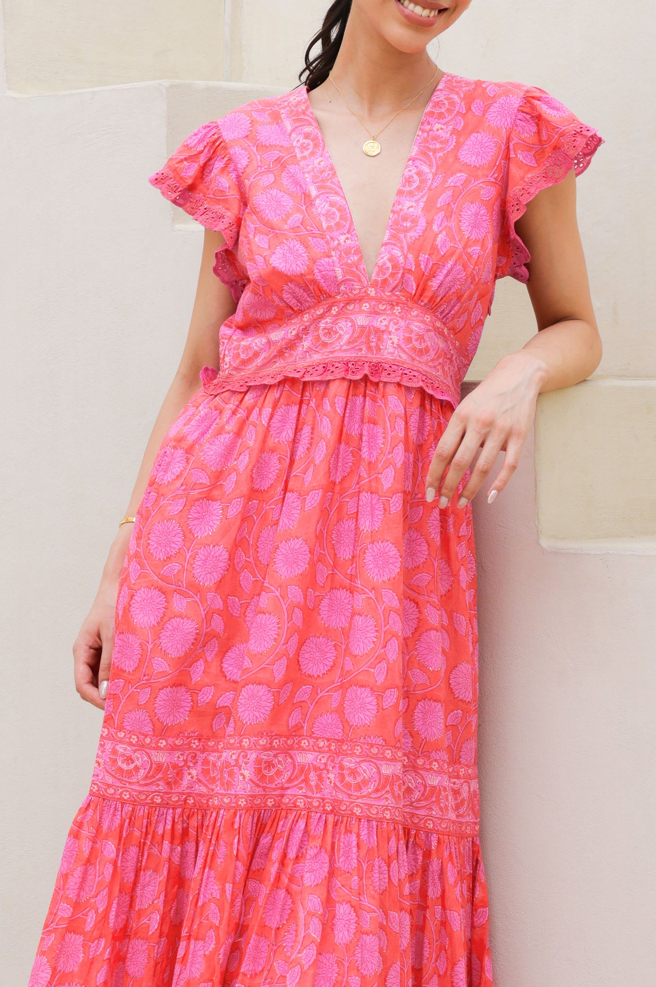 Pippa Block Print Dress | Floral Printed Summer Dress for Women | Mara Red & Pink | Perfect for Beach, Vacation & Casual Outings
