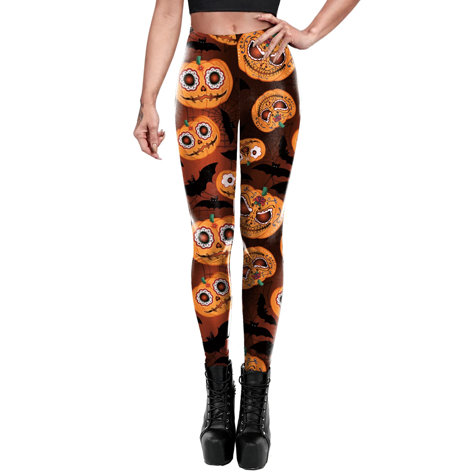 Women's Mid Waist Halloween Print Leggings - Sexy Skull Pattern Workout Pants for Yoga, Gym & Autumn Fashion | Comfortable Slim Fit Trousers for Women