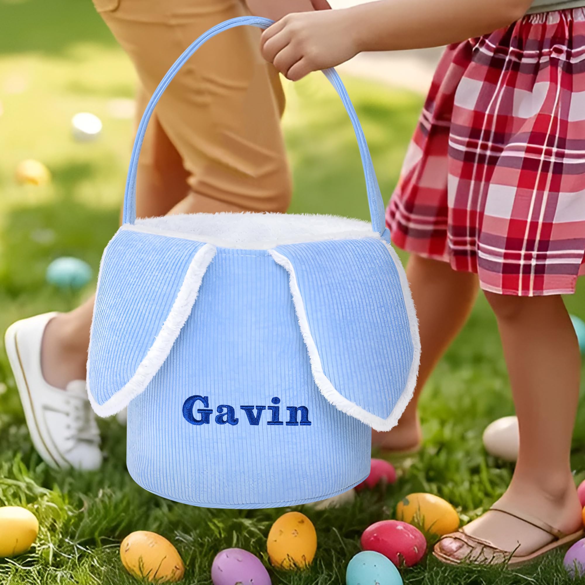 Personalized Easter Baskets for Kids - Blue Bunny Ear Easter Basket with Handle for Egg Hunt, Easter Party & Spring Decor | Jocidea Easter Gift Basket for Boys & Girls