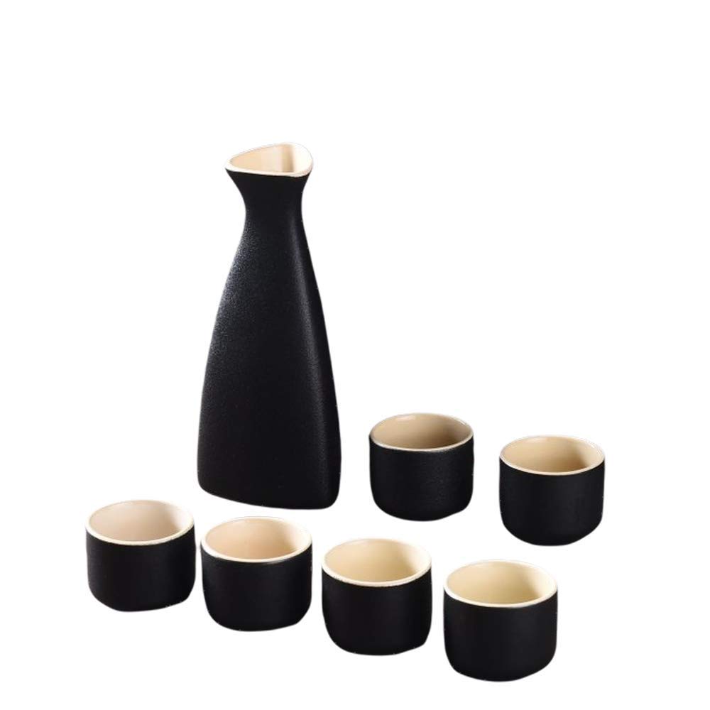 DOMALA Japanese Traditional Black Ceramic Sake Set - 1 Pot & 6 Cups - Authentic Japanese Sake Drinking Set for Home, Restaurant & Gift Giving