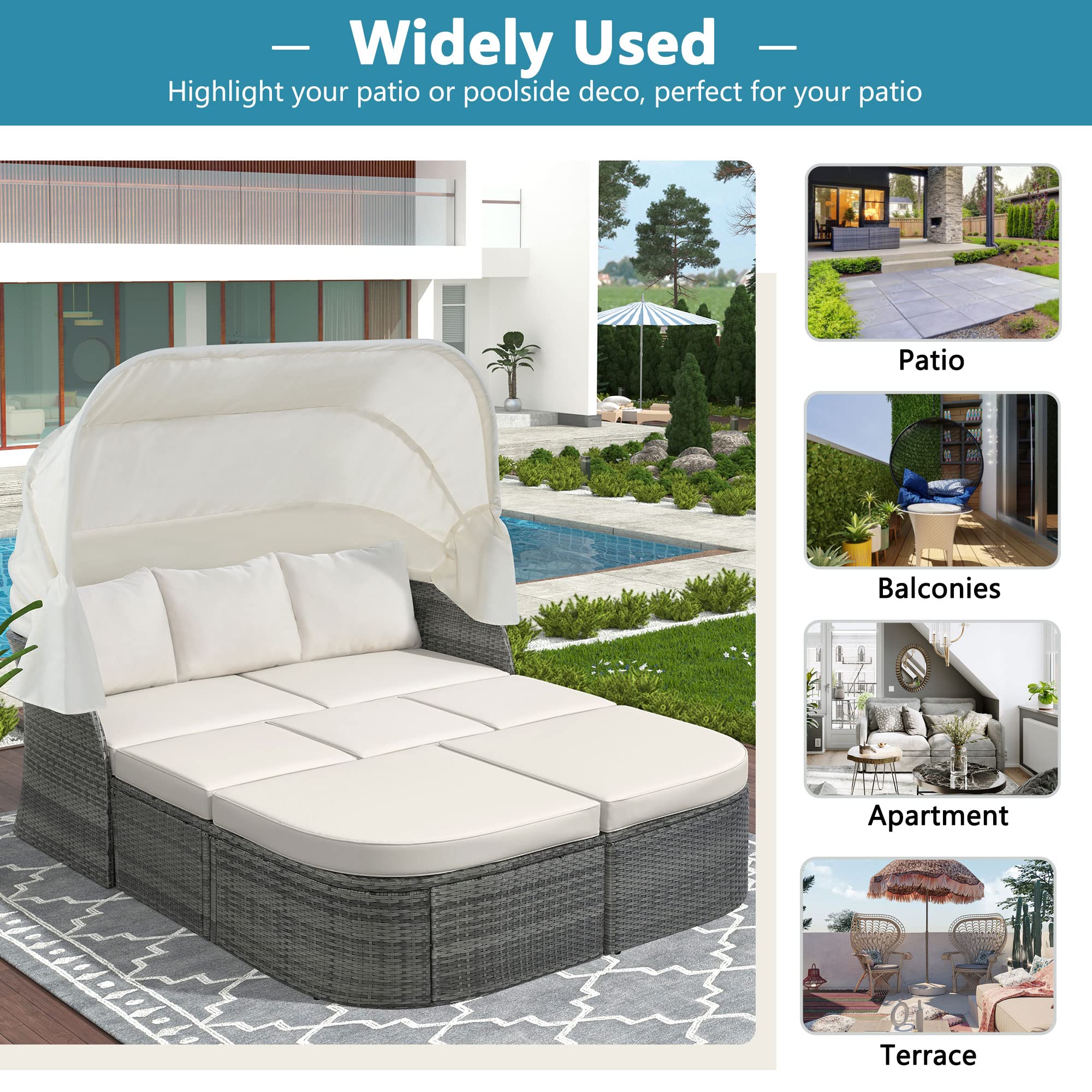 Merax Outdoor Patio Rattan Daybed Sunbed with Retractable Canopy - White Sectional Conversation Sofa Set for Backyard, Porch & Garden Relaxation | Perfect for Lounging, Sunbathing & Outdoor Entertaining
