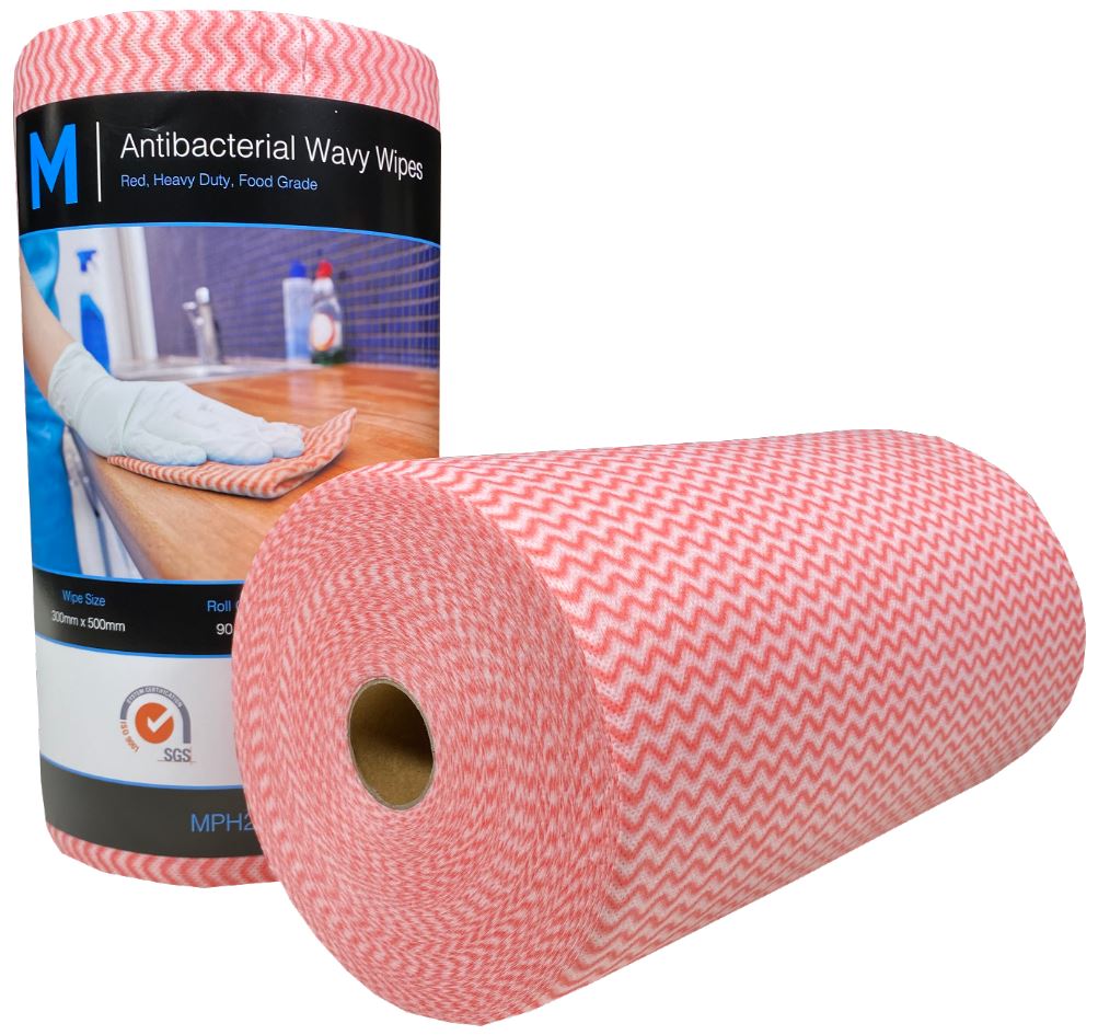 Antibacterial Wavy Wipes Roll 300mm x 500mm - 90 Sheets per Roll, Pack of 4 (Red) - Ideal for Kitchen, Bathroom & Office Cleaning