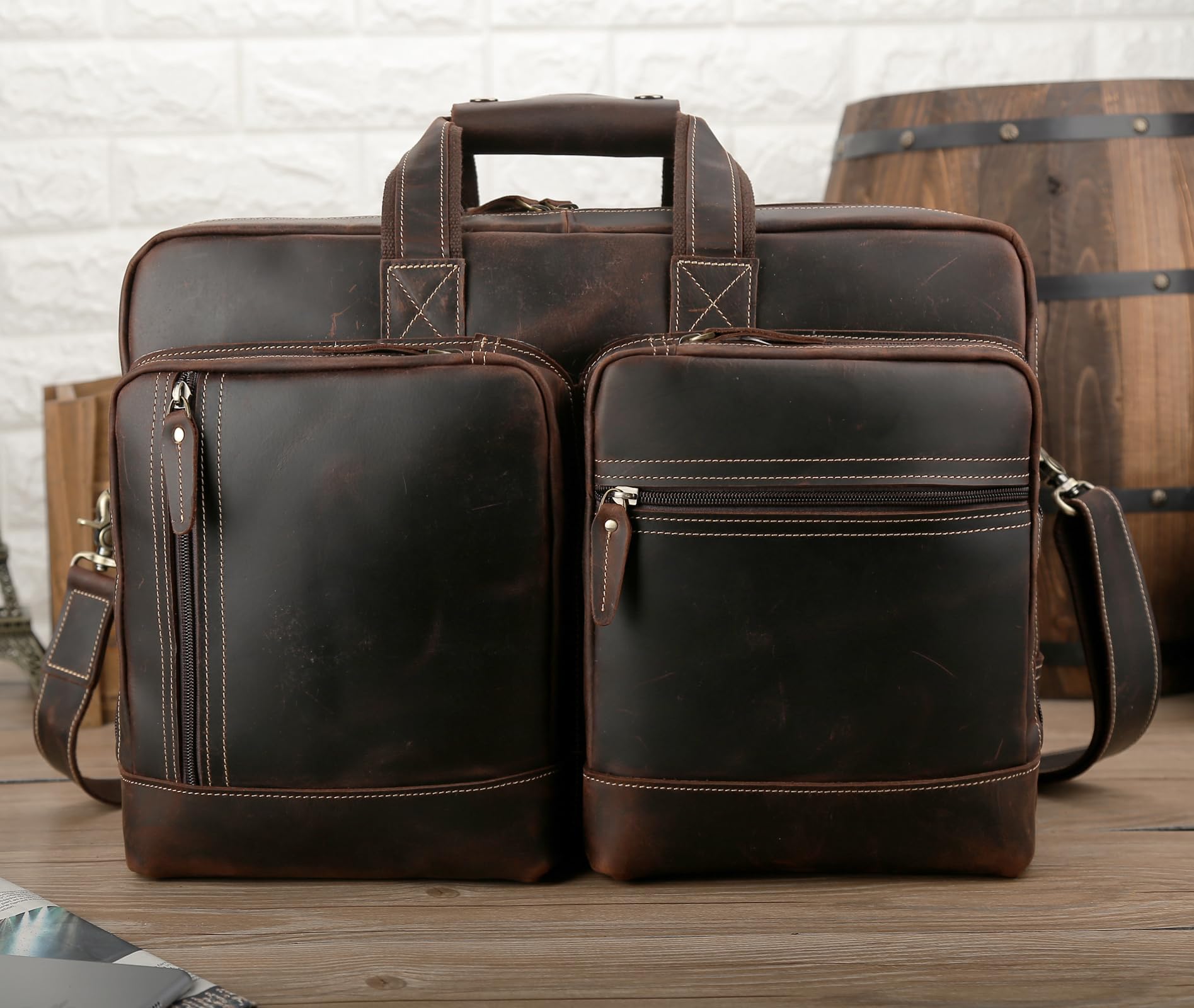 Premium Genuine Leather Briefcase for Men - Expandable 17 Inch Laptop Bag with Shoulder Strap - Business Travel Attache Case & Work Commuter Bag - Ideal for Office Professionals and Business Trips