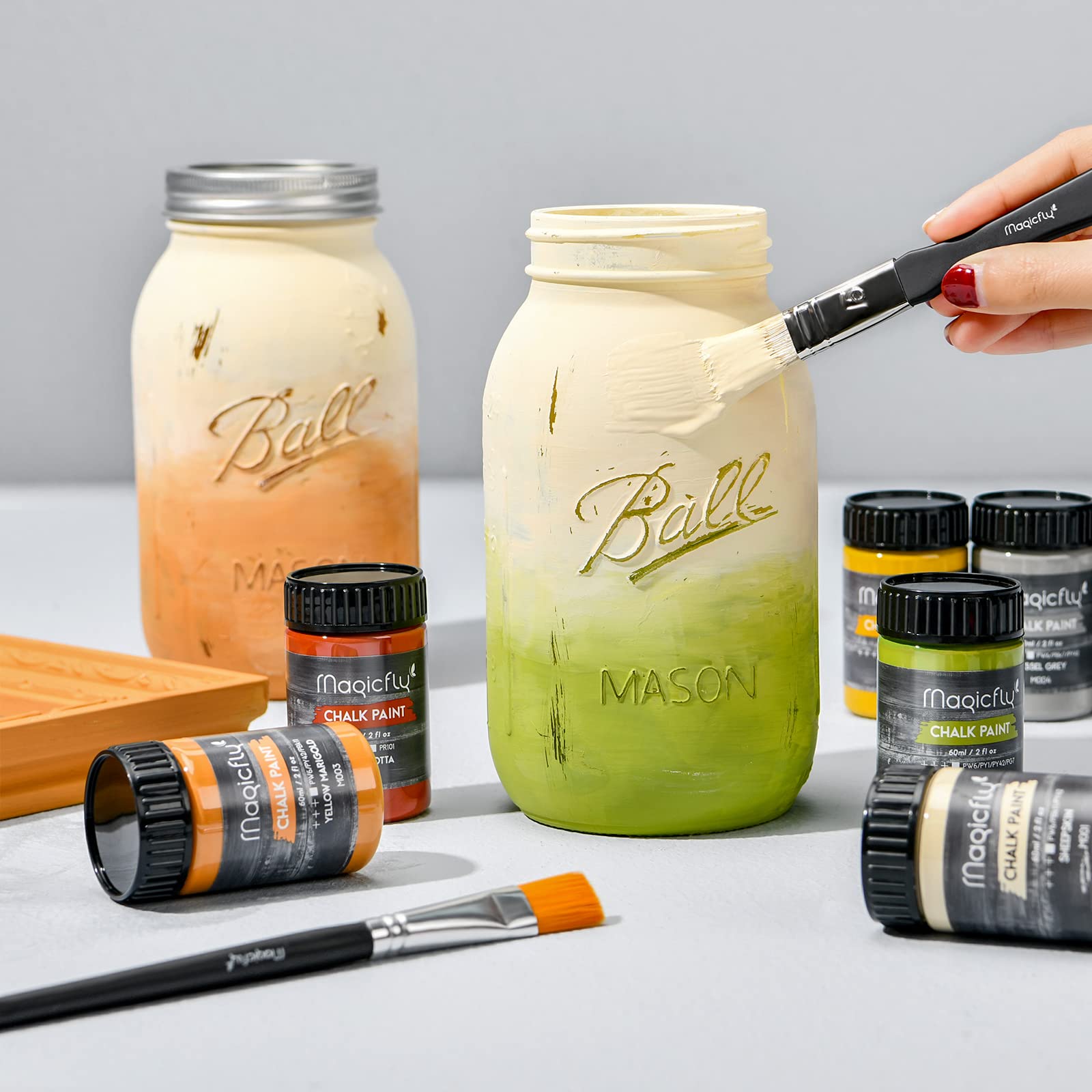 Magicfly 15-Piece Chalk Furniture Paint Set - 9 Ultra Matte Finish Acrylic Craft Paints (60ml/2oz) with Liquid Wax, 2 Brushes & 3 Sandpapers | DIY Furniture Makeover, Home Decor, Wood Crafts & Rustic Projects for Tables, Cabinets, Picture Frames & More