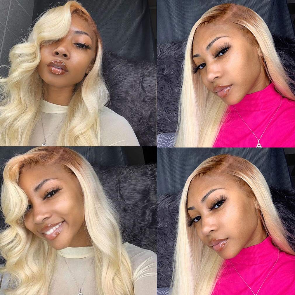 Smartinnov #4/613 Ombre Blonde Human Hair Lace Front Wig with Dark Roots - 4x4 Closure, Straight Brazilian Remy Hair, 10 Inch, 150% Density, Bleached Knots & Baby Hair | Perfect for Daily Wear, Cosplay, Parties & Special Occasions