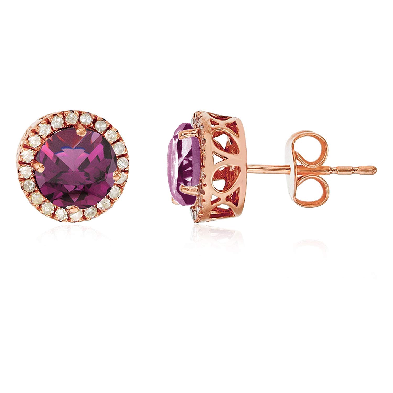 14K Yellow, White & Rose Gold 6mm Round Gemstone Stud Earrings with 0.2 CTTW Diamond Halo - Perfect for Weddings, Parties & Everyday Elegance