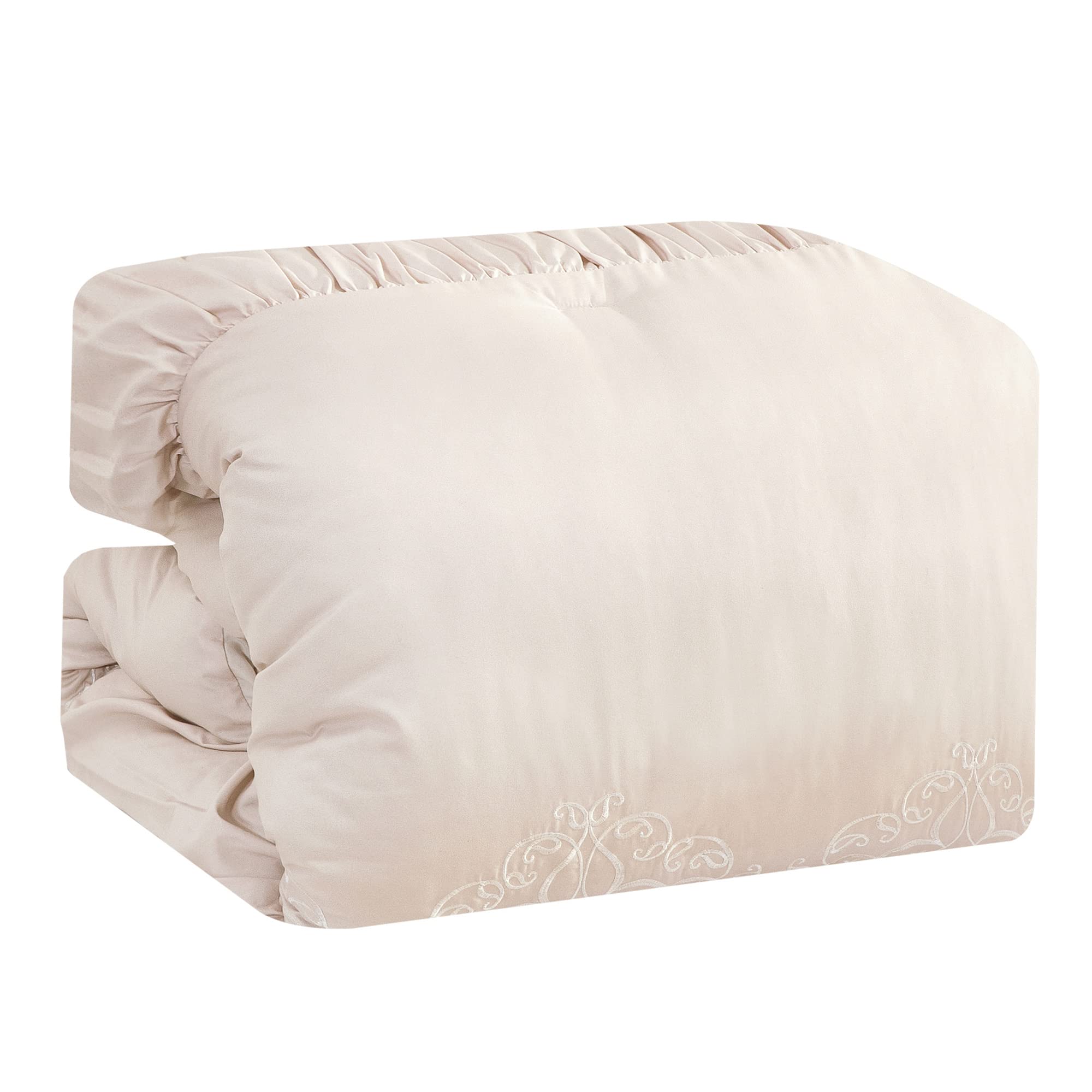 Luxury 7-Piece King/Cal-King Comforter Set with Shams & Cushions - Modern Damask Champagne Beige White Semi-Pleated Embroidery Pompoms Design - Bed in a Bag (22196V, Charnee) - Perfect for Master Bedroom Decor, Guest Room Upgrade & Luxury Hotel Style Bedding