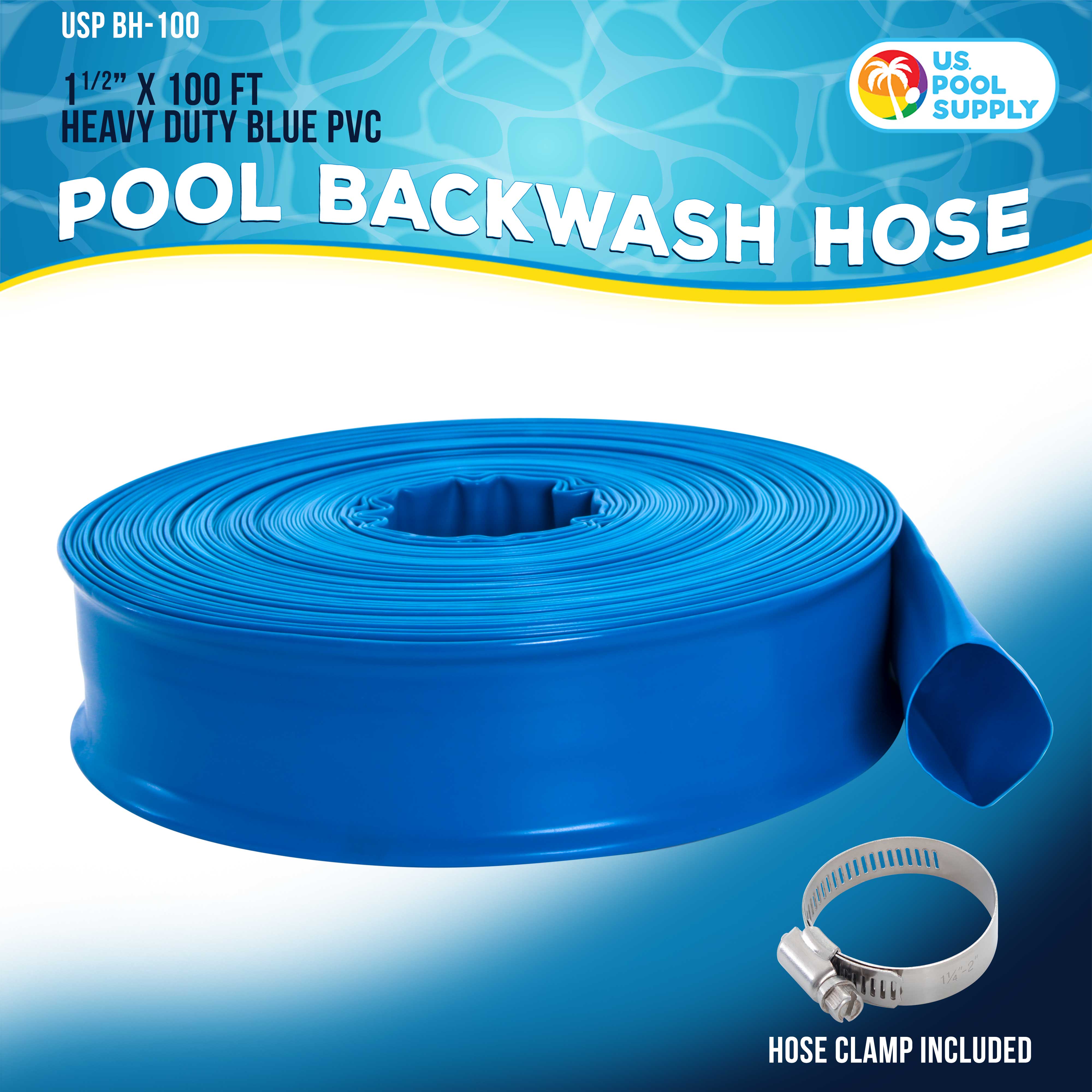 U.S. Pool Supply® 1.5 Inch x 100 Foot Heavy Duty Blue Swimming Pool Backwash Hose with Hose Clamp - Durable Pool Maintenance Hose for Efficient Water Drainage and Backwashing