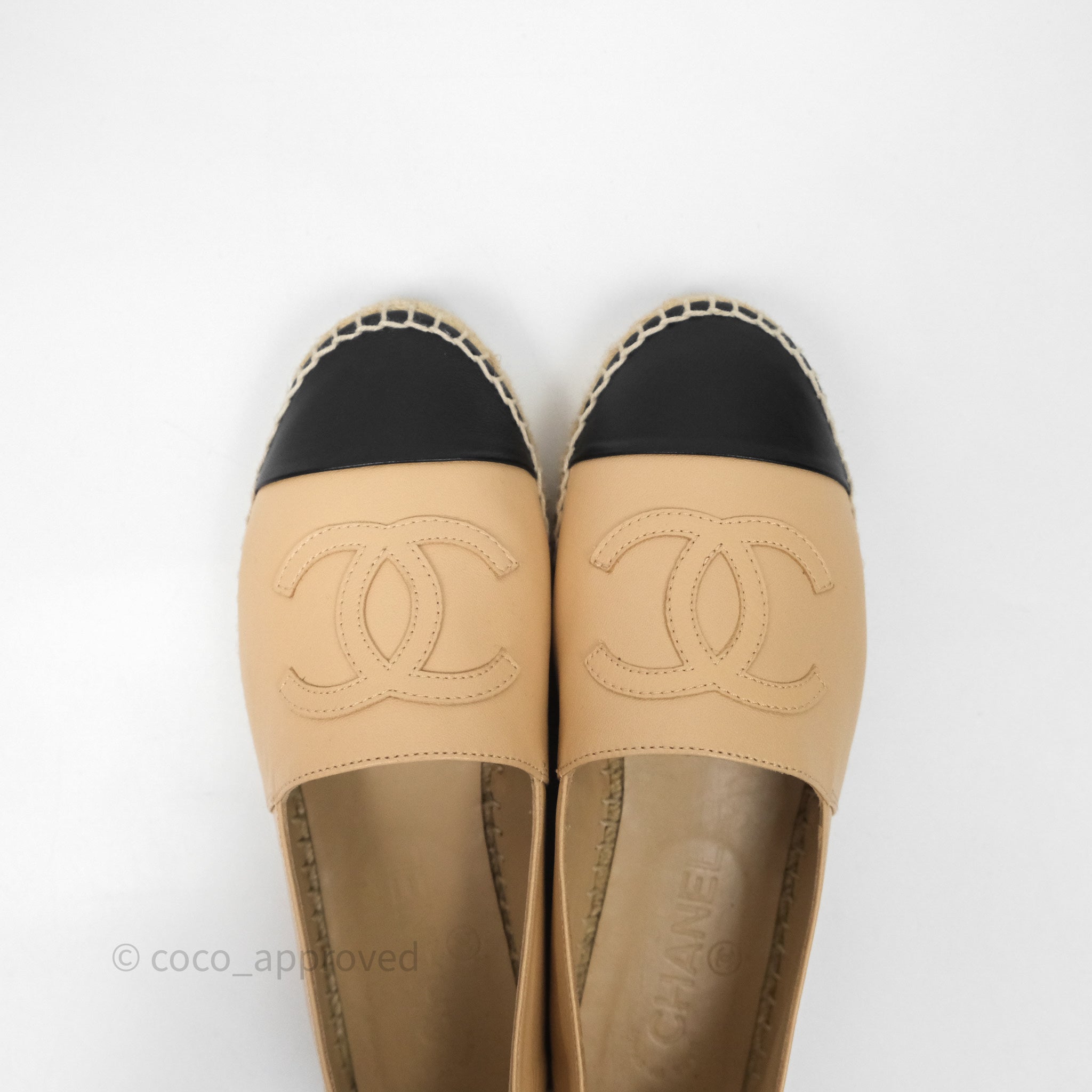 Chanel CC Logo Espadrilles in Beige & Black Lambskin - Women's Size 36 | Comfortable Luxury Flats for Casual Outings & Summer Fashion