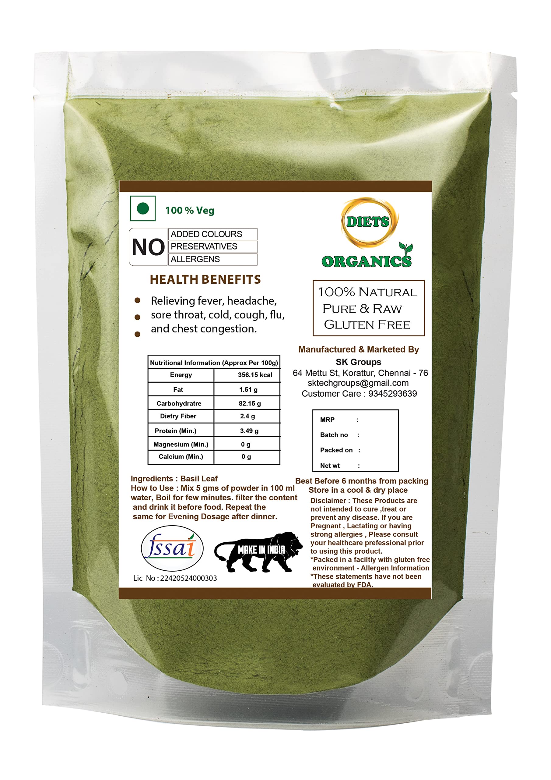 Organic Tulsi Powder (Basil Leaves Powder) - 50g | Natural Hair, Skin & Face Care | Ayurvedic Herbal Supplement for Glowing Skin & Healthy Hair | Perfect for DIY Beauty Masks & Wellness Teas